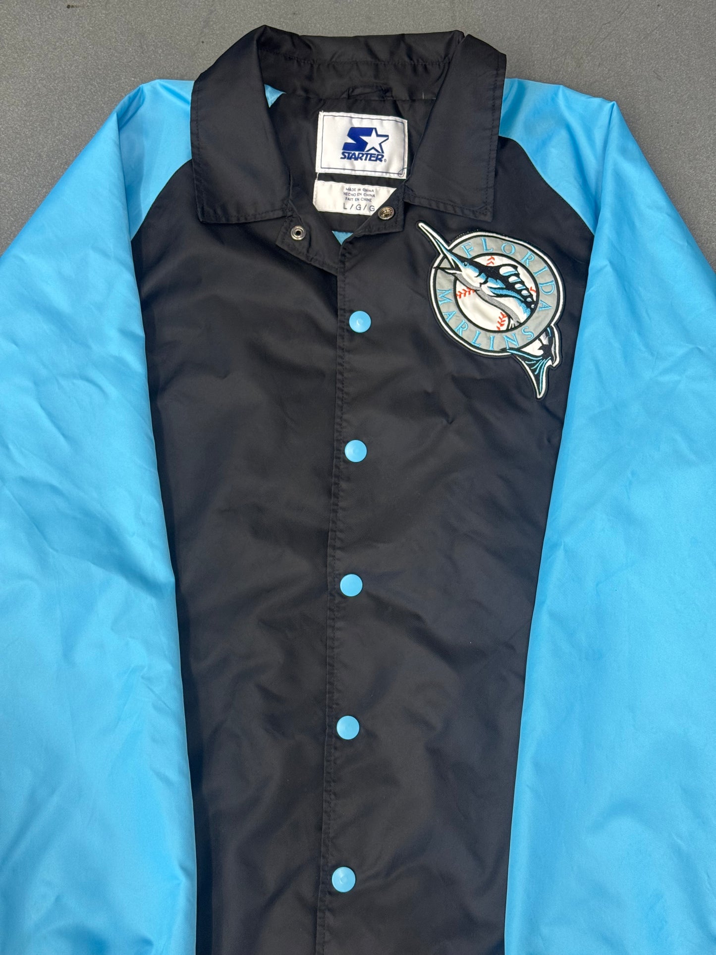 Y2K FLORIDA MARLINS STARTER SATIN JACKET - BLACK/LIGHT BLUE