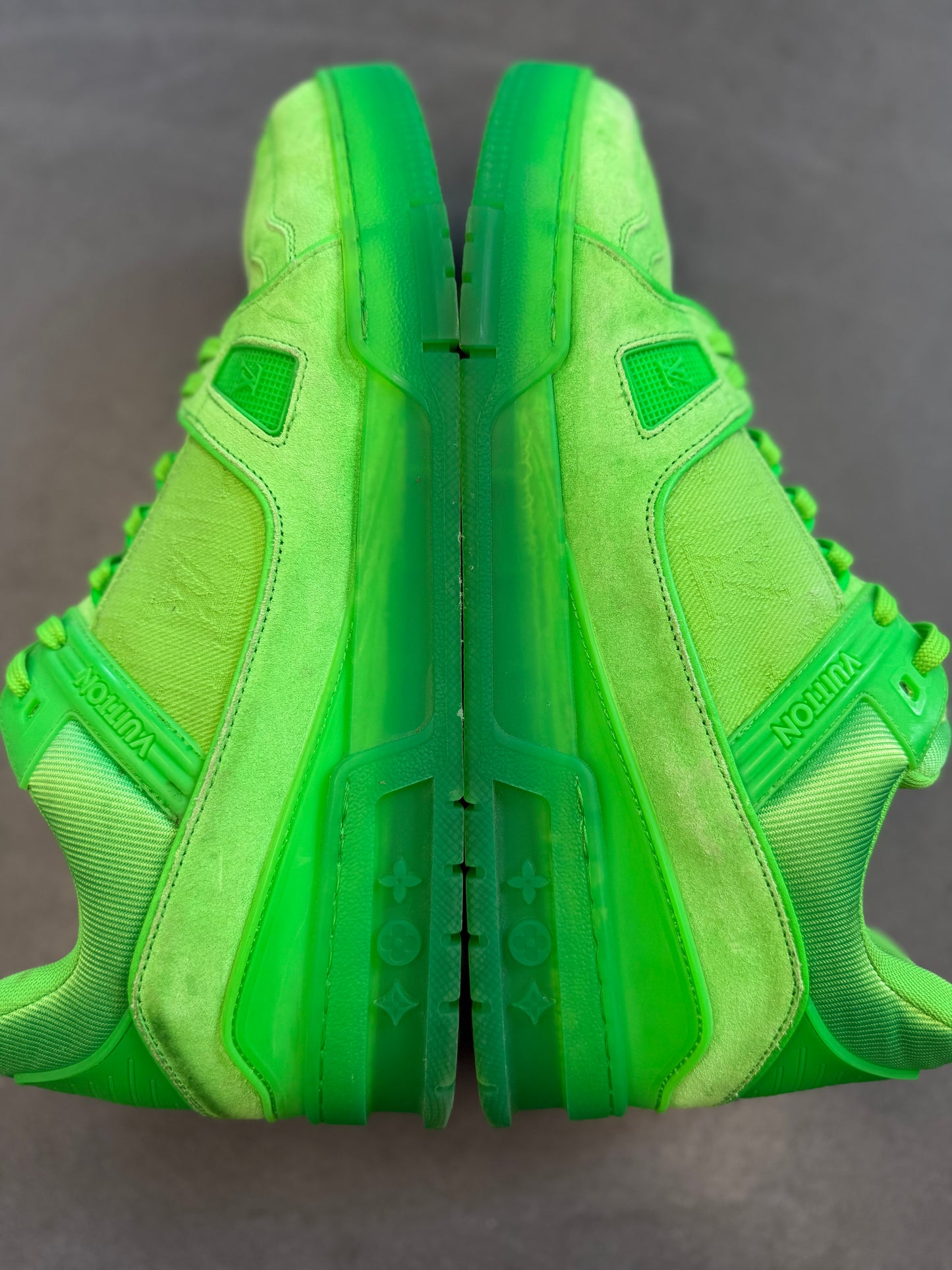 SIZE 10 LOUIS VUITTON LV TRAINER SNEAKER - FLUROESCENT GREEN (PRE-OWNED NO BOX)