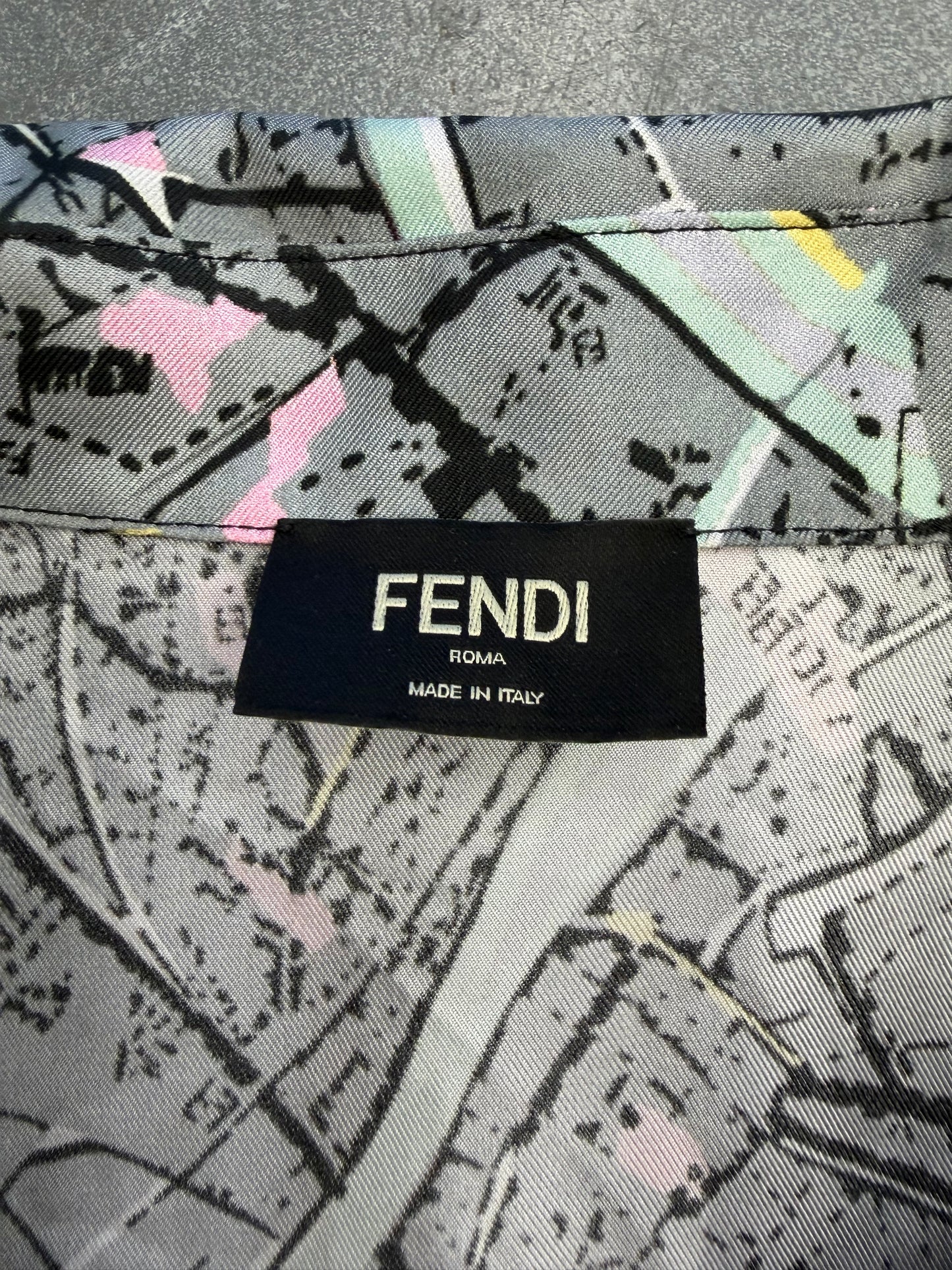 FENDI MAP SILK BUTTON-UP LONG SLEEVE SHIRT