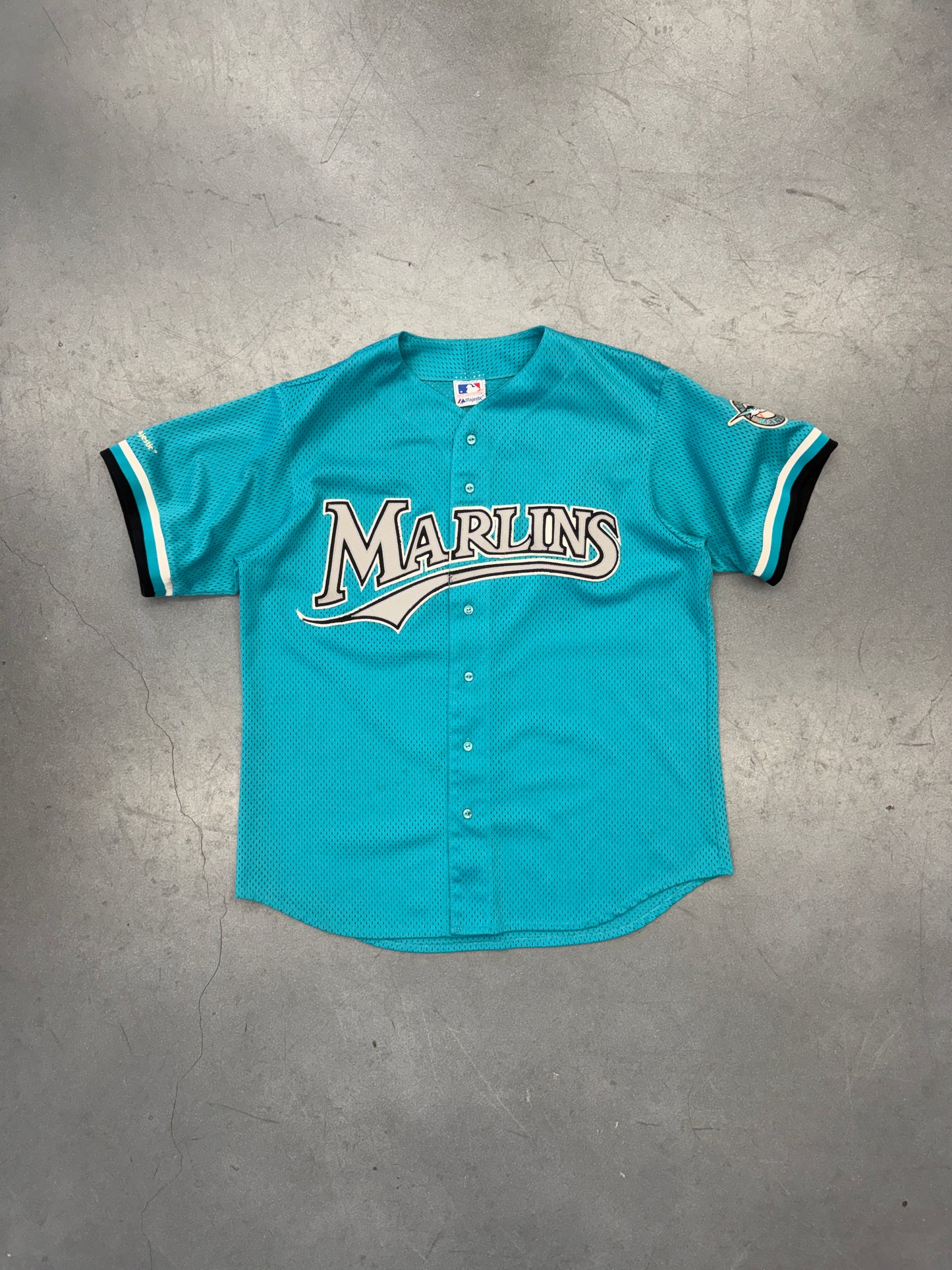 90S FLORIDA MARLINS MESH BUTTON-UP BASEBALL JERSEY (MAJESTIC TAG)