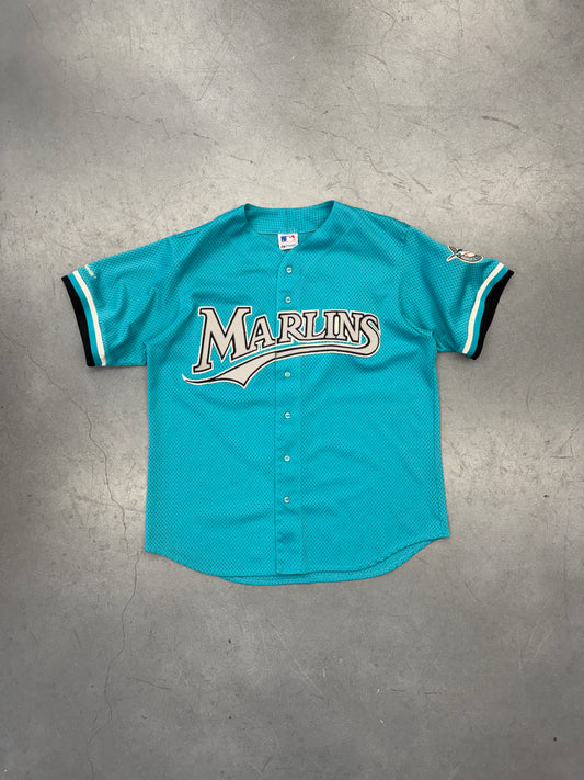 90S FLORIDA MARLINS MESH BUTTON-UP BASEBALL JERSEY (MAJESTIC TAG)