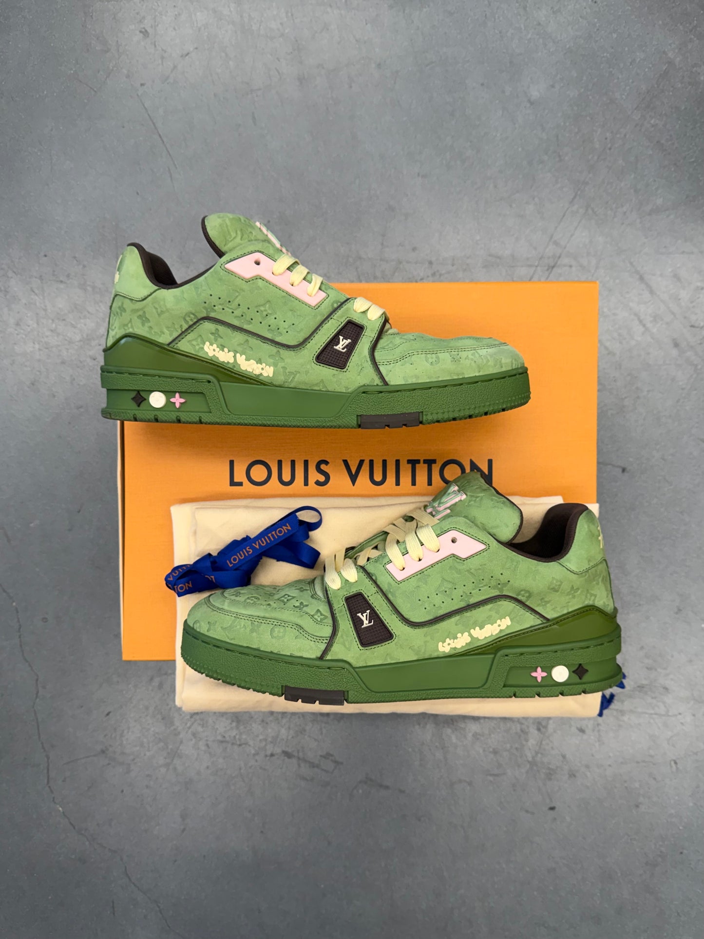 SS24 SIZE 7.5 LV LOUIS VUITTON BY TYLER THE CREATOR TRAINER - GREEN (PRE-OWNED WITH BOX)