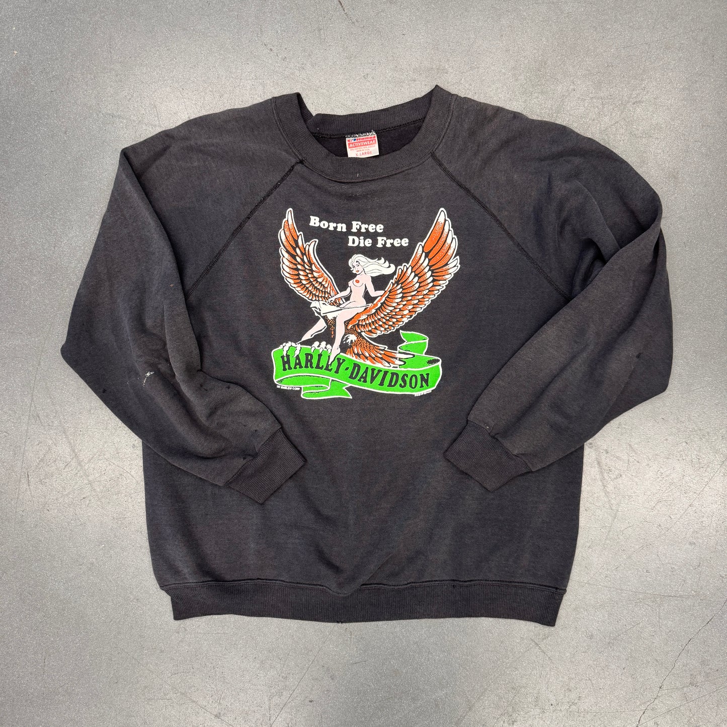 '80S 3D EMBLEM HARLEY-DAVIDSON BORN FREE DIE FREE CREWNECK SWEATER (HANES ACTIVEWEAR TAG)