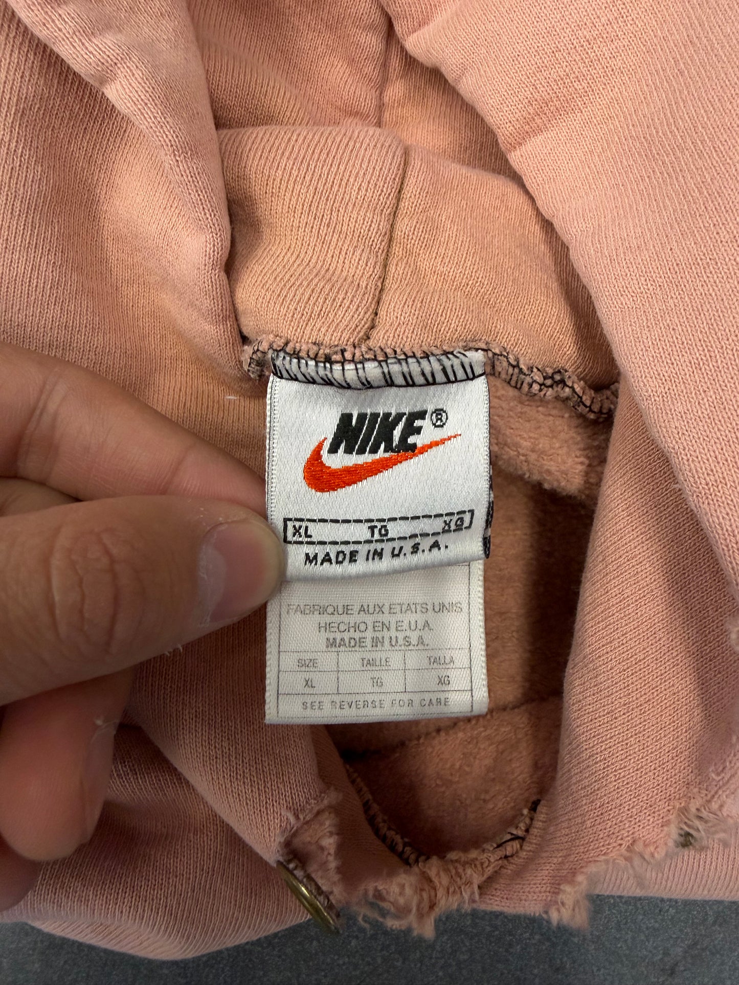 90S NIKE SIDE SWOOSH PULLOVER HOODIE DISTRESSED AND SAFETY-PINNED (NIKE RED SWOOSH TAG)