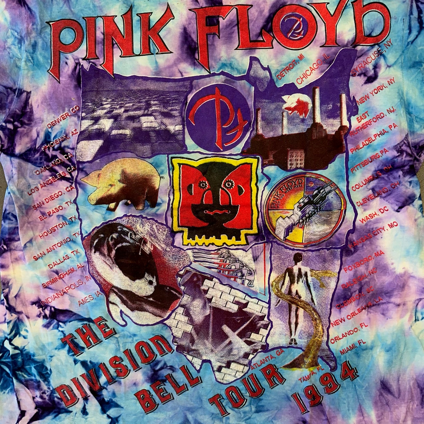 1994 PINK FLOYD THE DIVISION BELL TOUR TIE-DYE BOOTLEG TEE (SHORT HILLS TEE TAG)