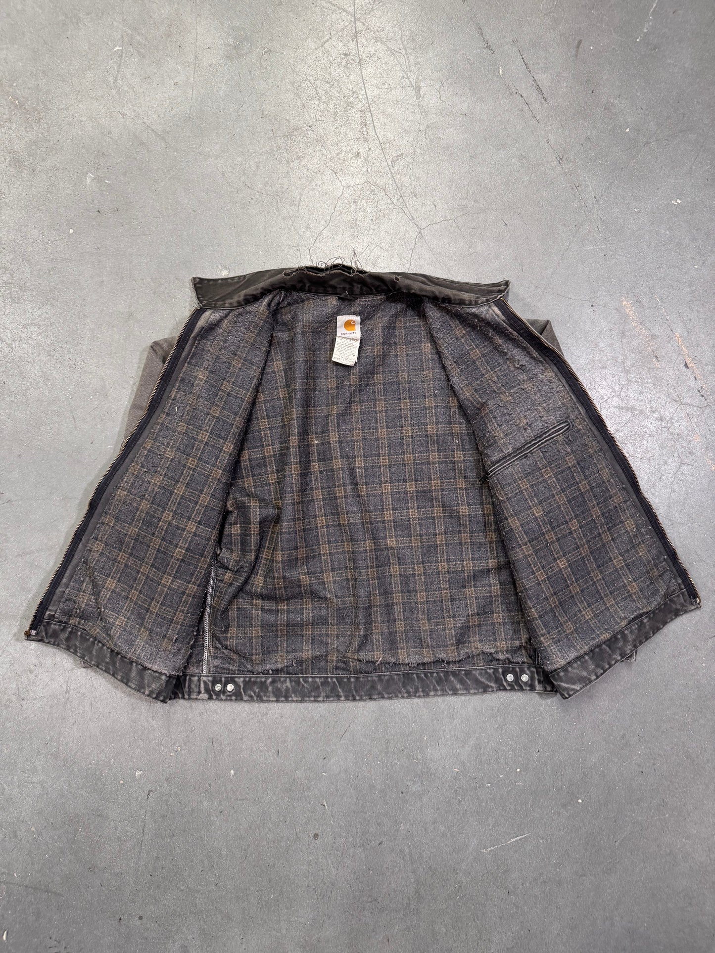 90'S CARHARTT FLANNEL-LINED CANVAS WORK JACKET BROKEN ZIPPER - FADED BLACK (J97PTL) (XL)