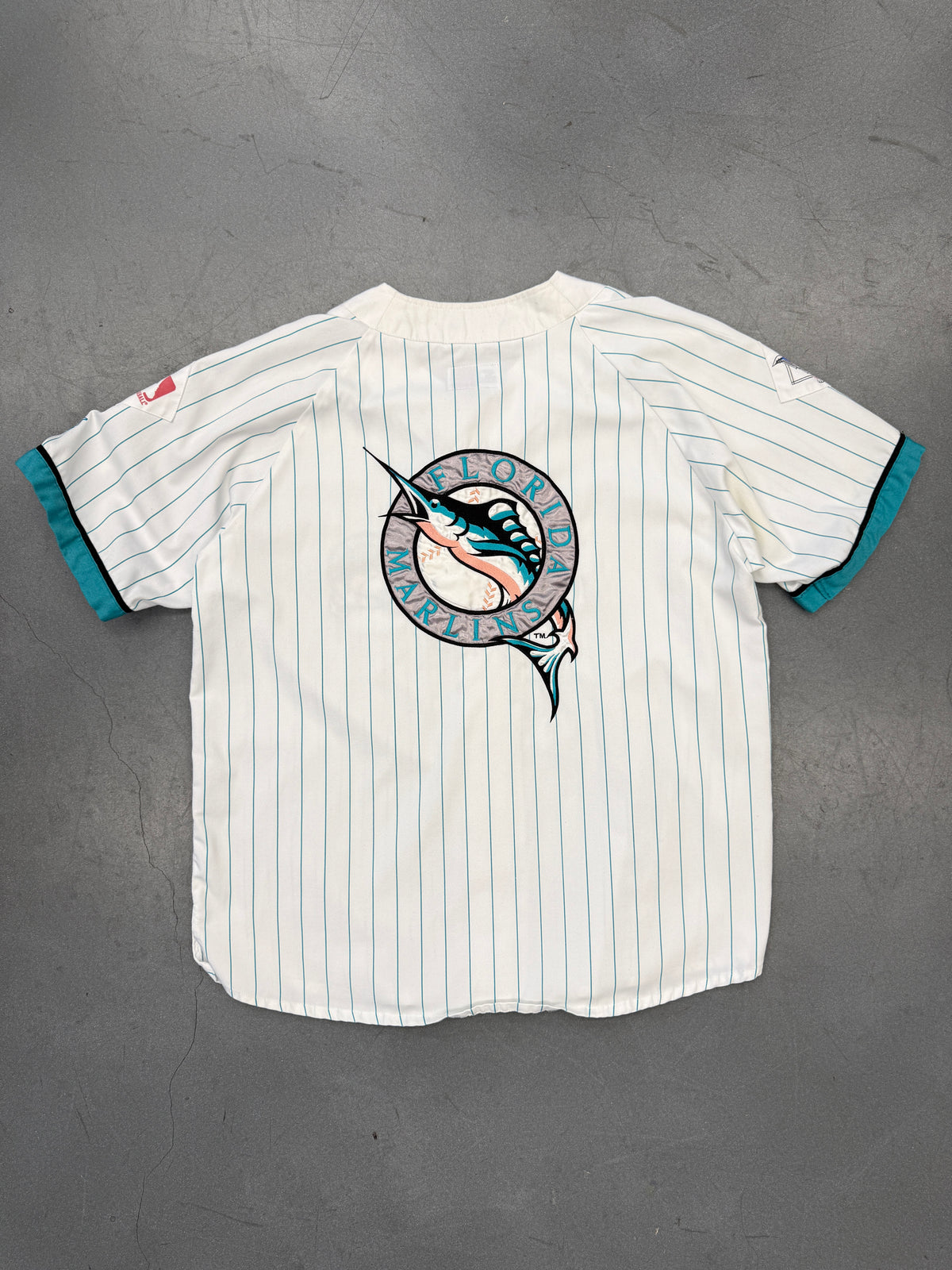 90S STARTER FLORIDA MARLINS PINK BELLY LOGO PINSTRIPE BASEBALL JERSEY