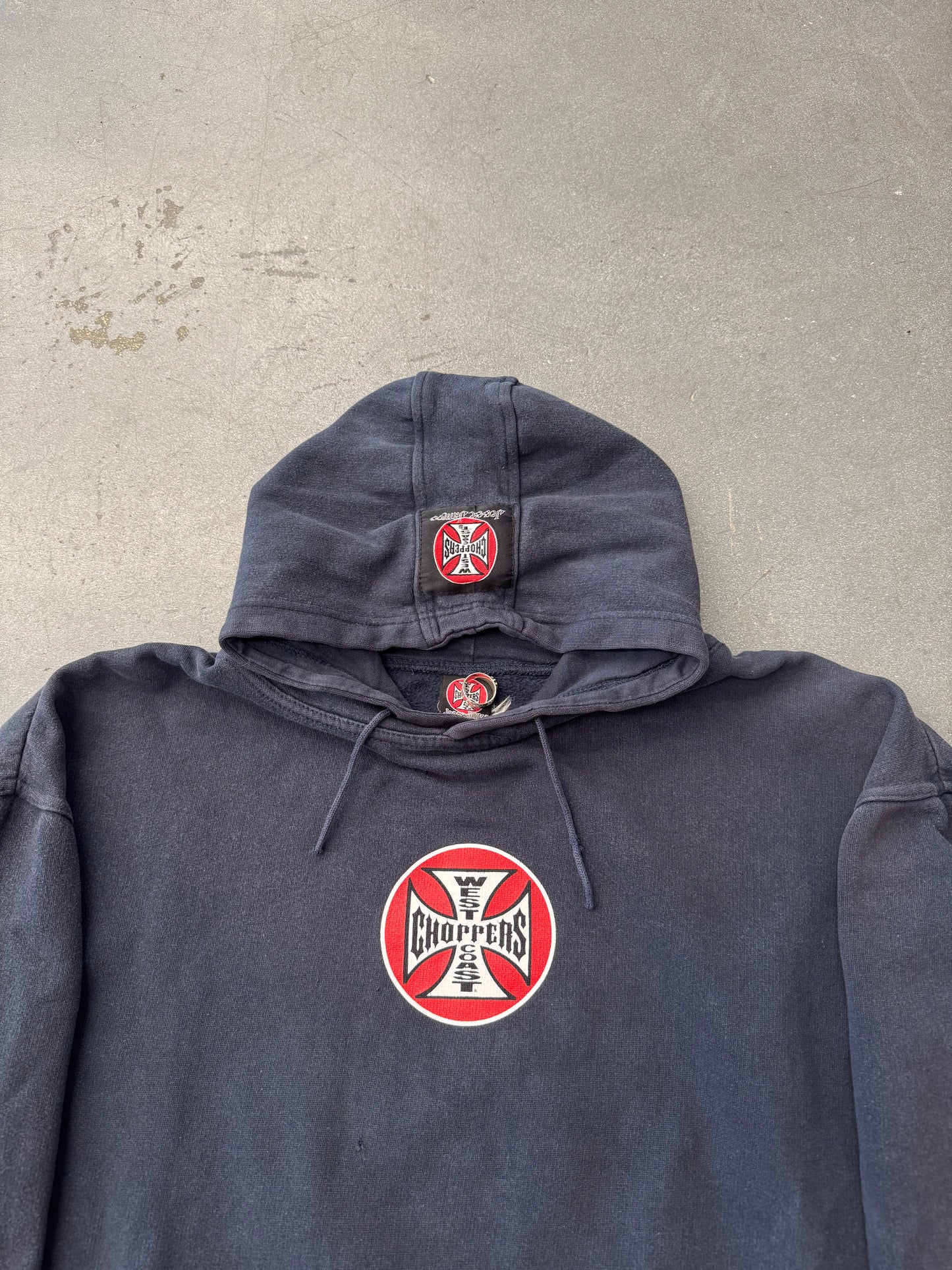 90S WEST COAST CHOPPERS LONG BEACH IRON CROSS CIRCLE LOGO PULLOVER HOODIE (IRON CROSS CIRCLE TAG)