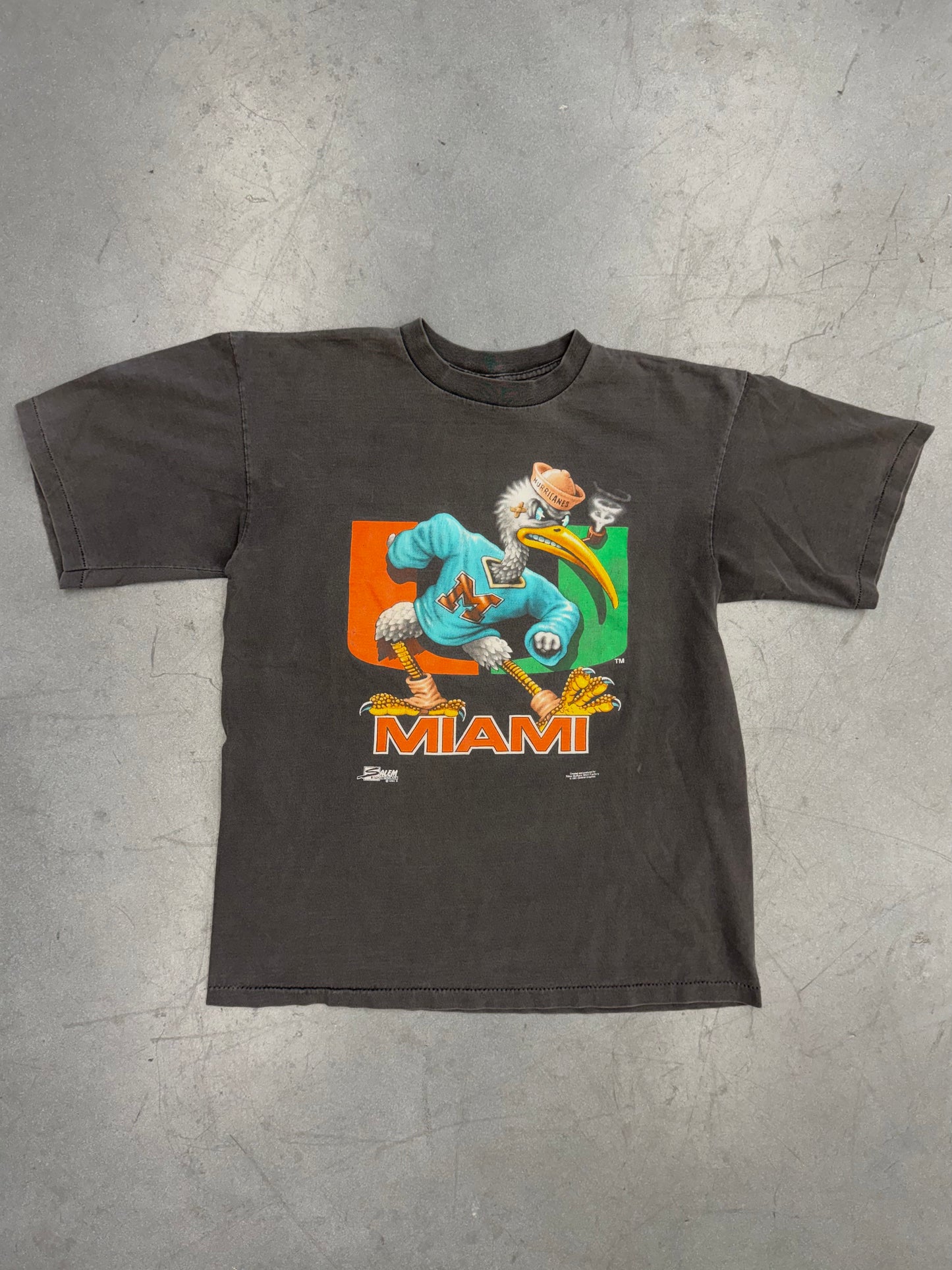 1991 UNIVERSITY OF MIAMI 3-D SEBASTIAN IBIS GARDNER GRAPHICS TEE (SALEM SPORTSWEAR TAG)