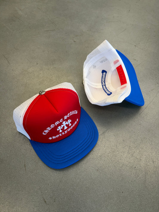 CHROME HEARTS 4TH OF JULY ONLINE EXCLUSIVE TRIPLE CROSS TRUCKER HAT