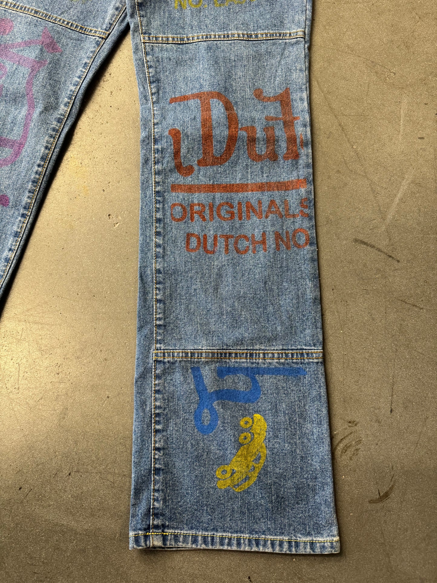 Y2K VON DUTCH ORIGINALS PAINTED GRAFFITI BLUE WIDE LEG JEANS