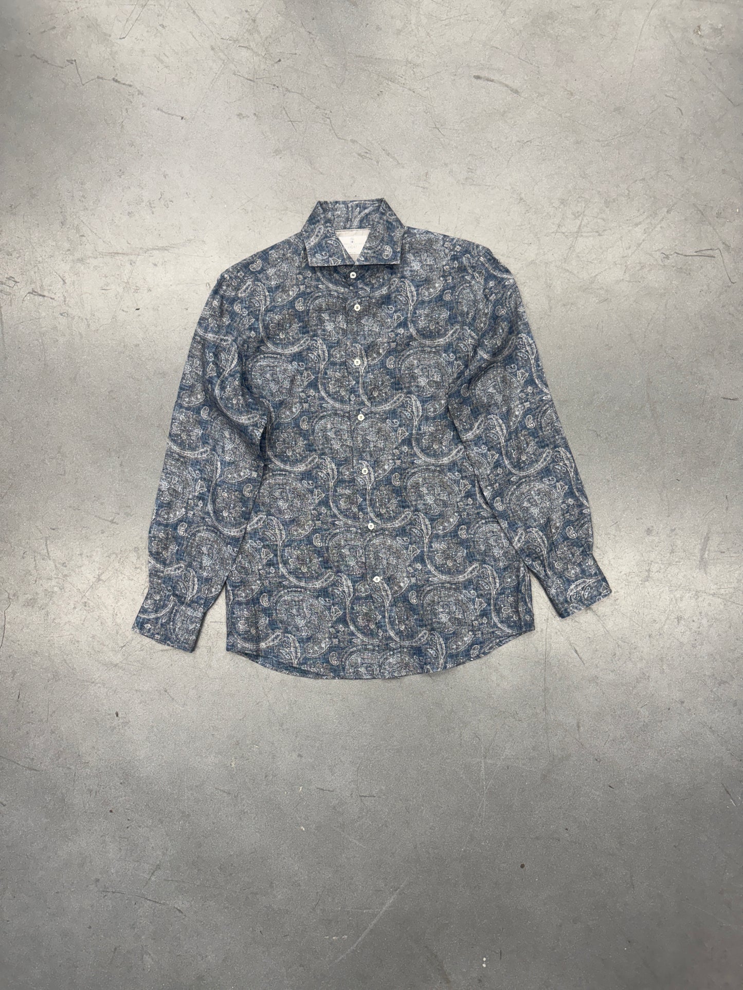 BRUNELLO CUCINELLI BLUE LINEN PAISLEY BUTTON UP