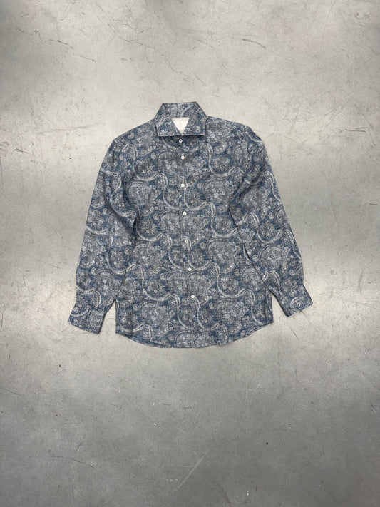 BRUNELLO CUCINELLI BLUE LINEN PAISLEY BUTTON UP