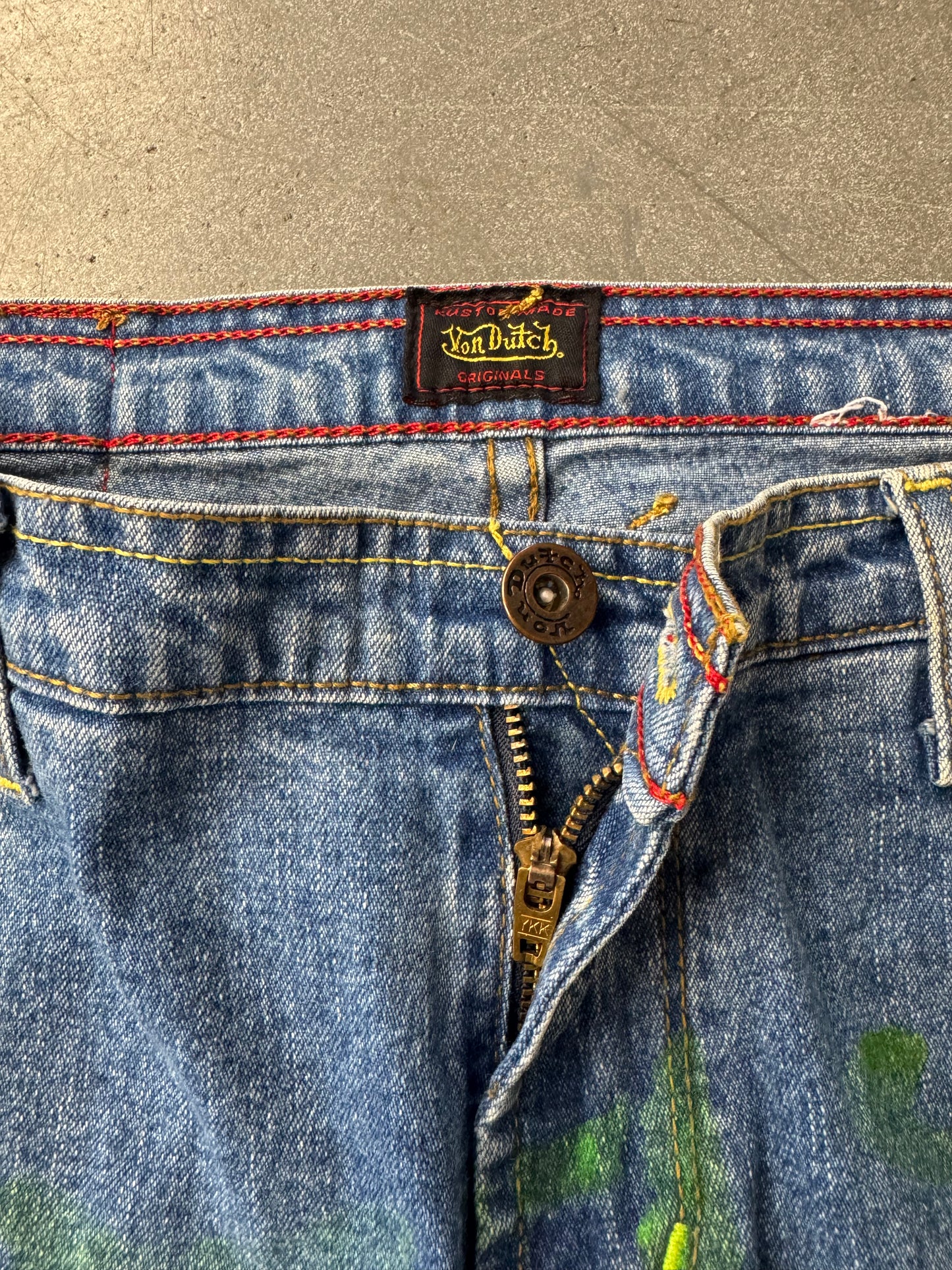 Y2K VON DUTCH ORIGINALS PAINTED GRAFFITI BLUE WIDE LEG JEANS