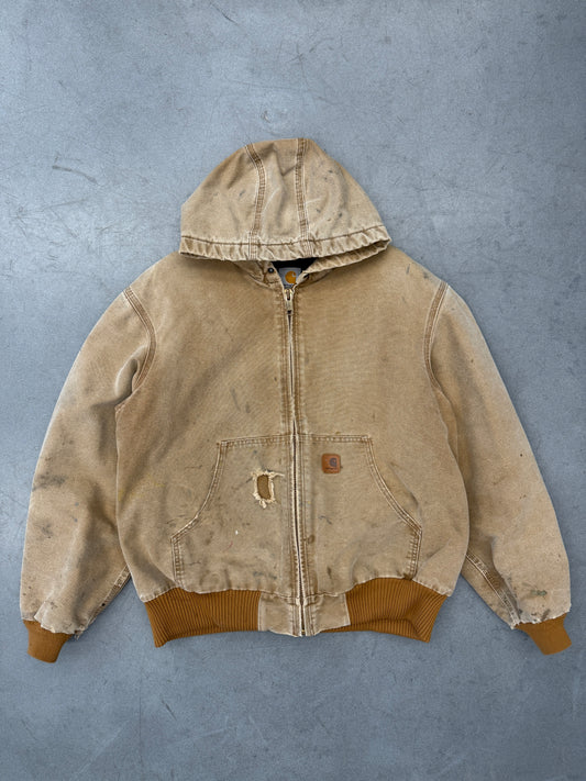 2000'S DISTRESSED TAN CARHARTT HOODED WORKWEAR ZIP UP JACKET (CARHARTT TAG J130211)