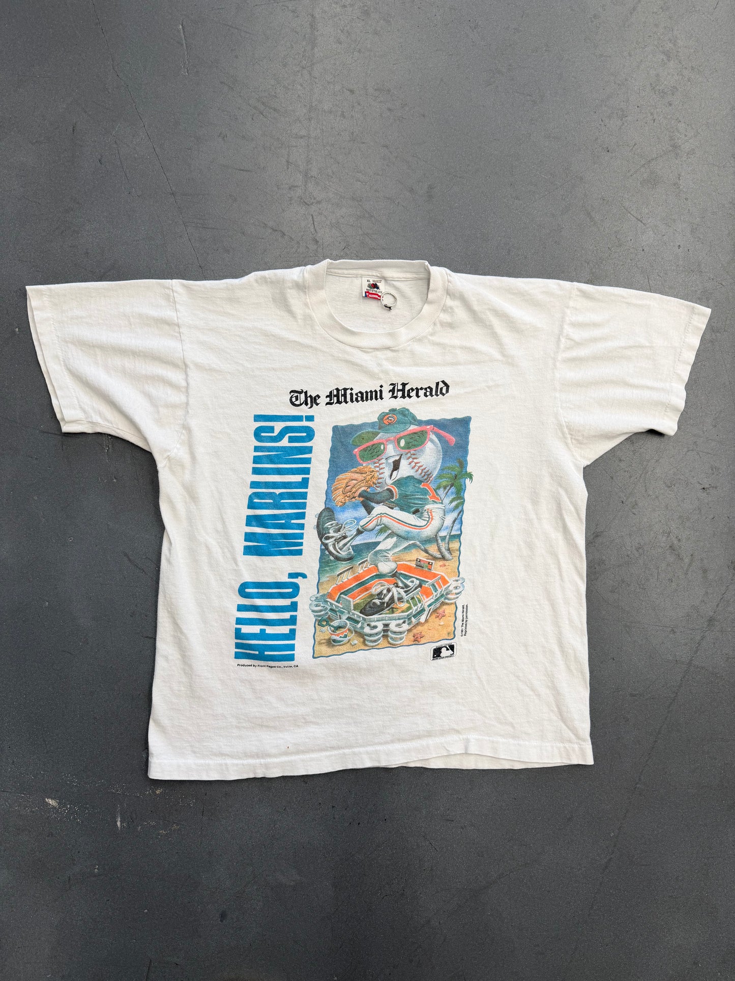 1991 HELLO, MARLINS! THE MIAMI HERALD TEE (FOTL TAG)