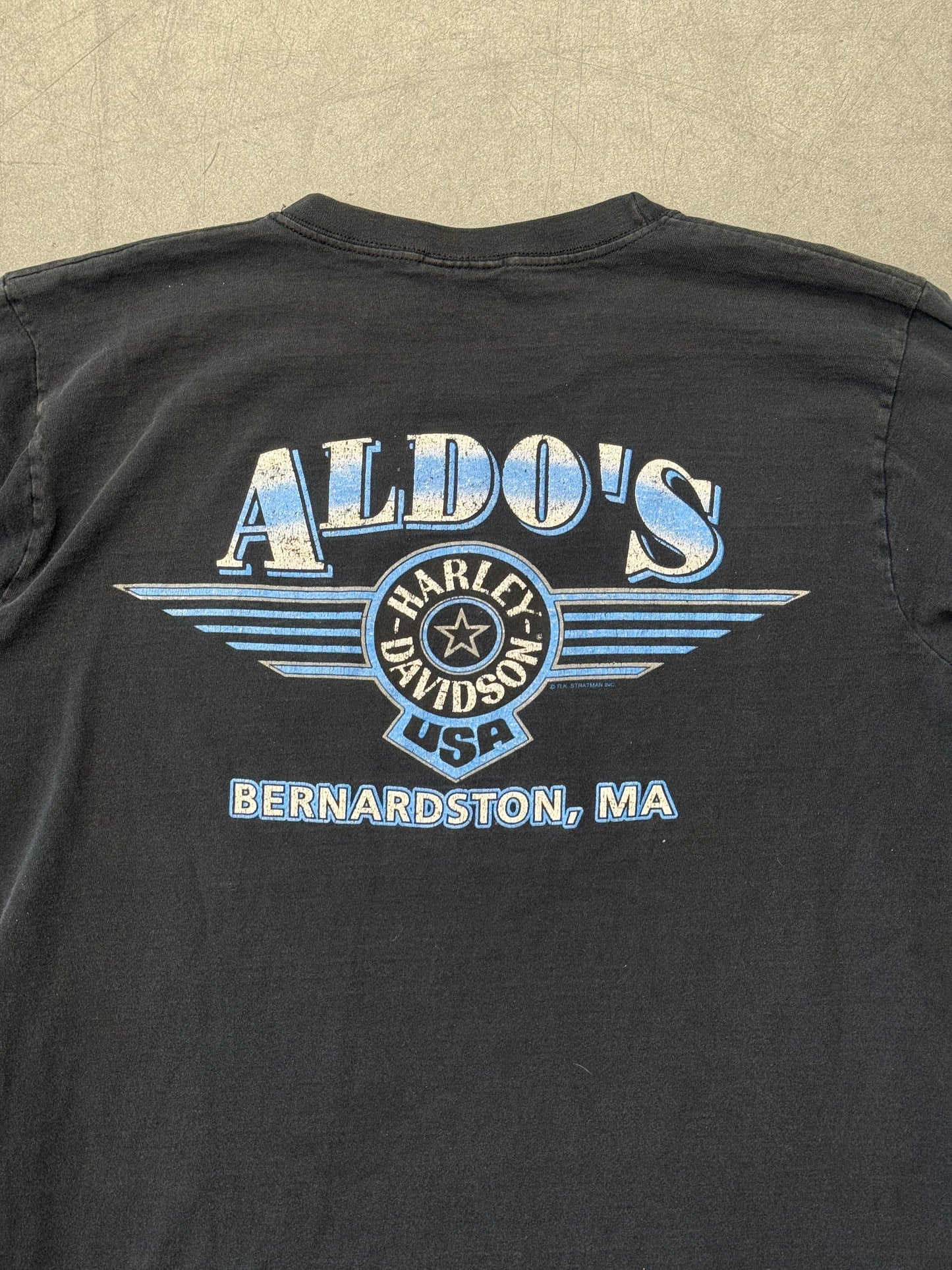 90S HARLEY-DAVIDSON ALDO'S BERNARDSTON, MA BLUE FLAME LONG SLEEVE TEE (HARLEY TAG)