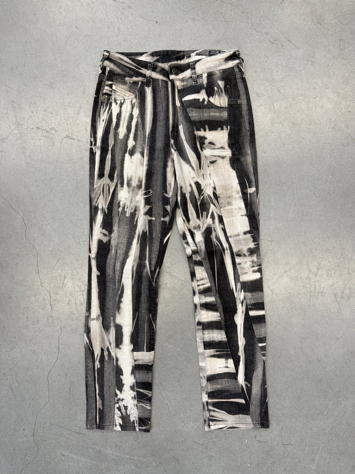DIESEL INDUSTRY DENIM DIVISION ARCHIVAL COWHIDE LEATHER ABSTRACT PRINT PANTS