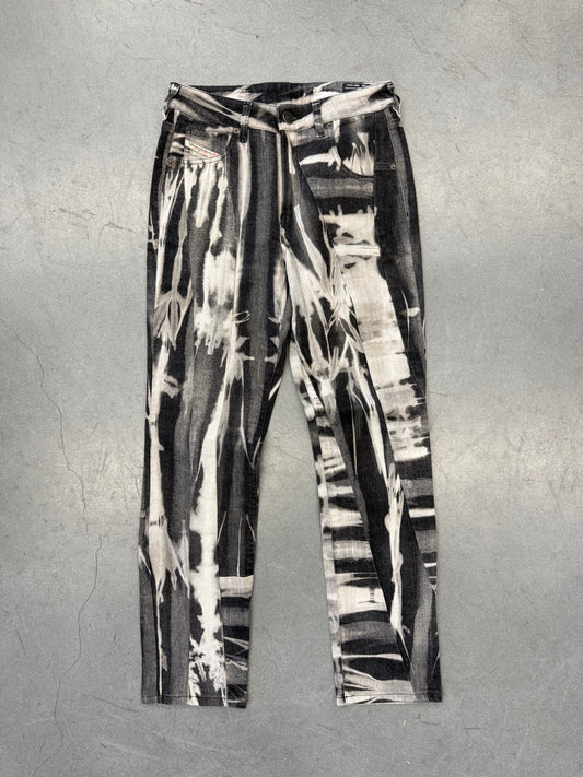 DIESEL INDUSTRY DENIM DIVISION ARCHIVAL COWHIDE LEATHER ABSTRACT PRINT PANTS