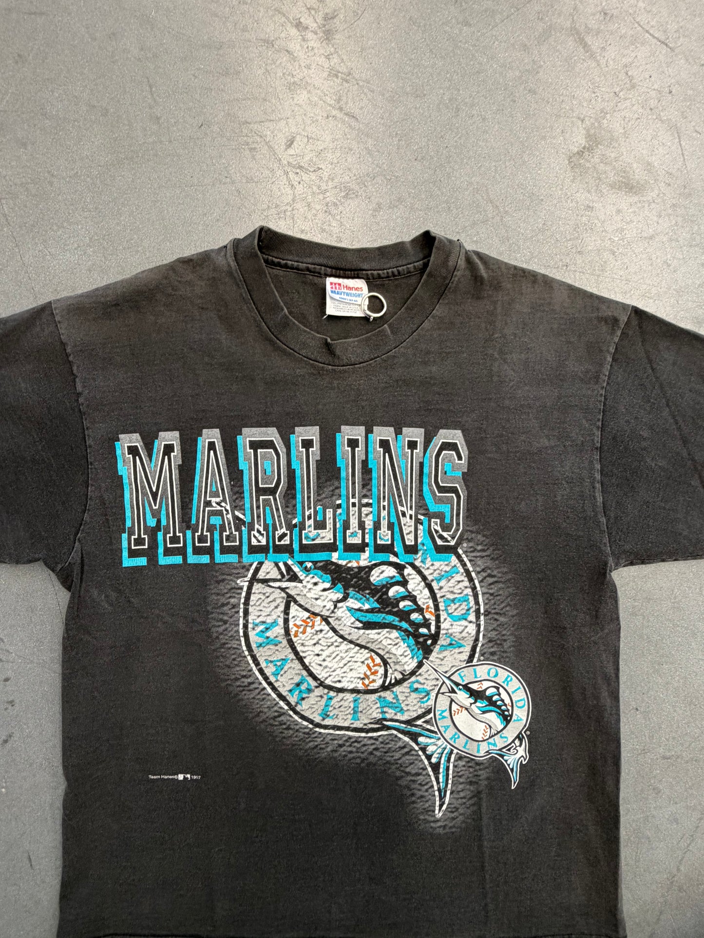 1997 FLORIDA MARLINS DOUBLE LOGO SPELLOUT TEE (HANES HEAVYWEIGHT TAG)