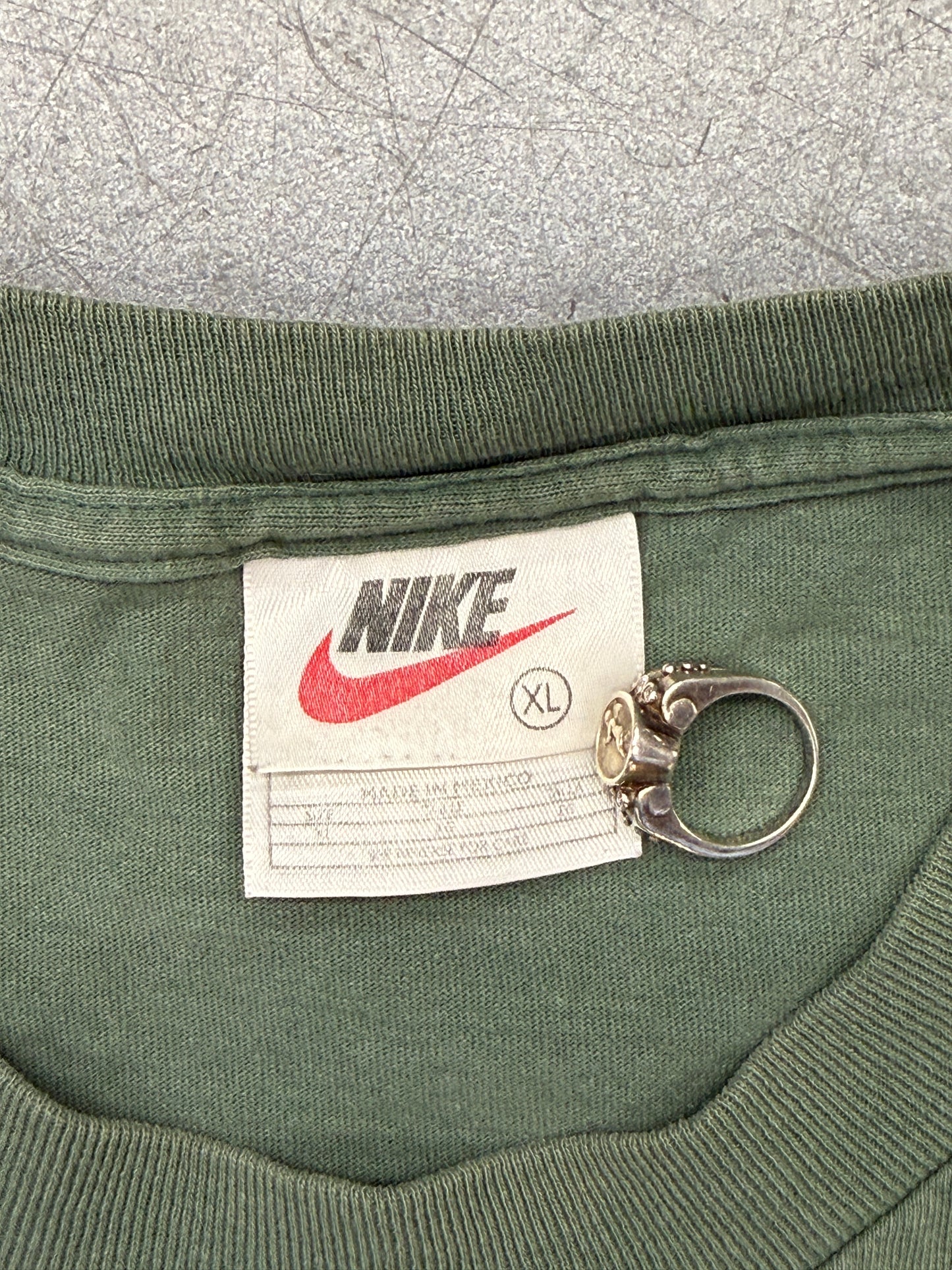 90S NIKE FOREST GREEN TONAL EMBROIDERED SWOOSH DISTRESSED CREWNECK SWEATER (WHITE/BLACK/RED TAG)
