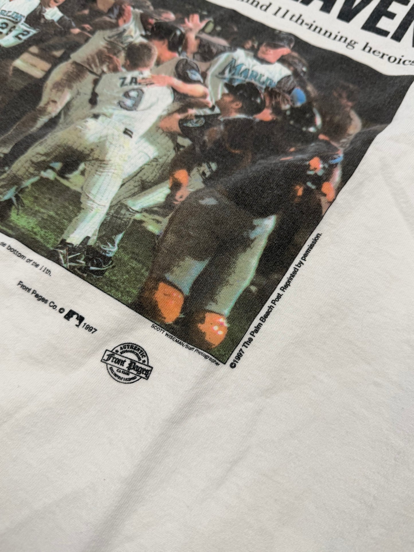 1997 FLORIDA MARLINS THE PALM BEACH POST ELEVENTH HEAVEN NEWSPAPER SHIRT (GILDAN ACTIVEWEAR TAG)