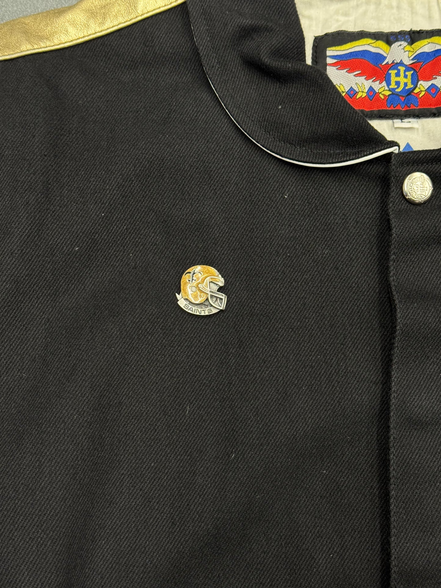 80S JEFF HAMILTON NEW ORLEANS SAINTS BUTTON UP LEATHER SLEEVE VARSITY JACKET