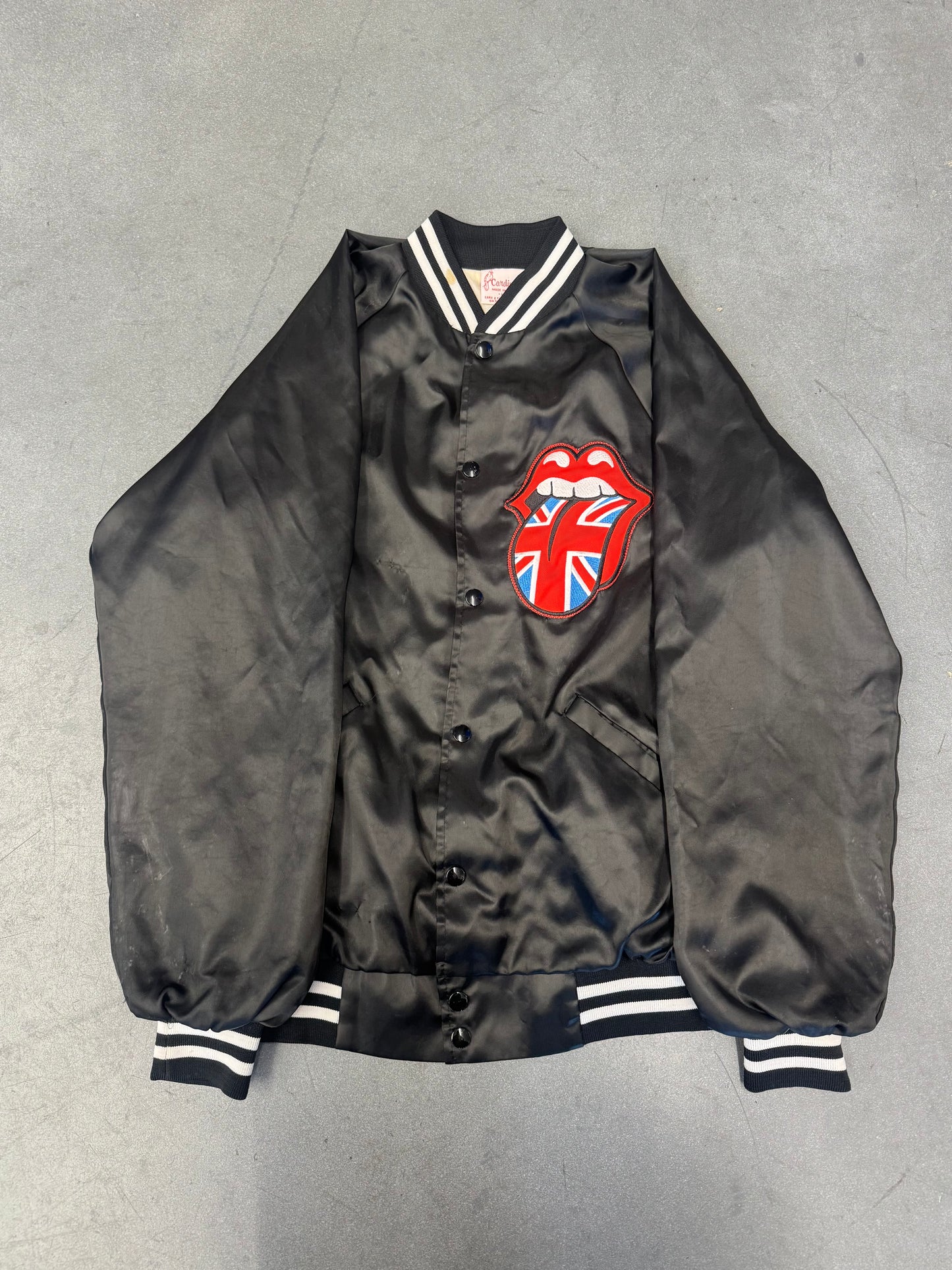 80S ROLLING STONES EMBROIDERED TONGUE SATIN JACKET (CARDINAL TAG)