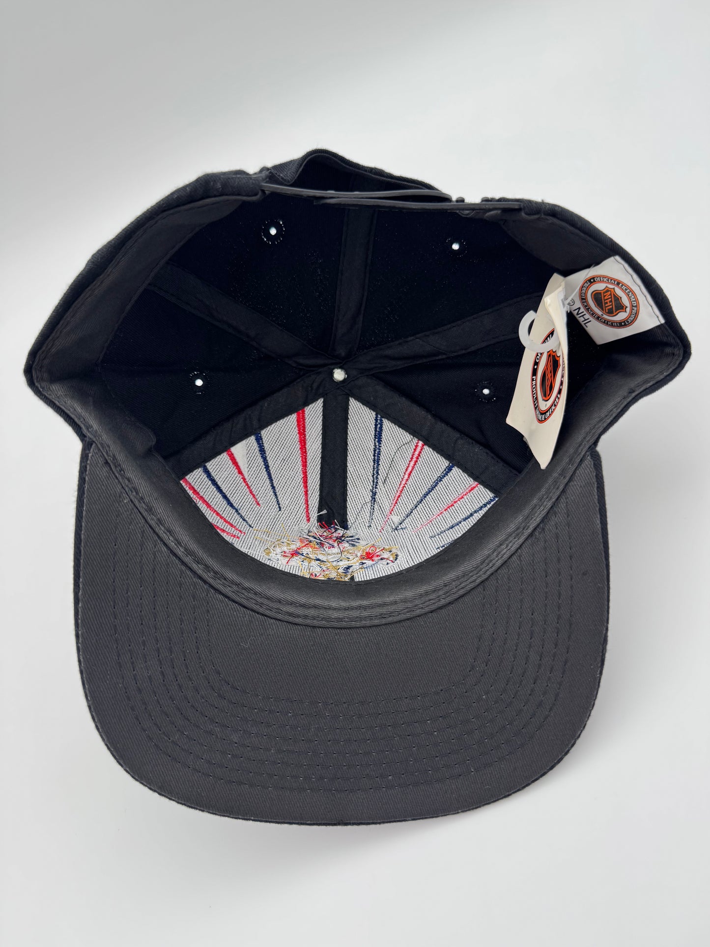 90S FLORIDA PANTHERS BLACK WITH RED/BLUE LINES NHL WALMART SNAPBACK HAT - NWT