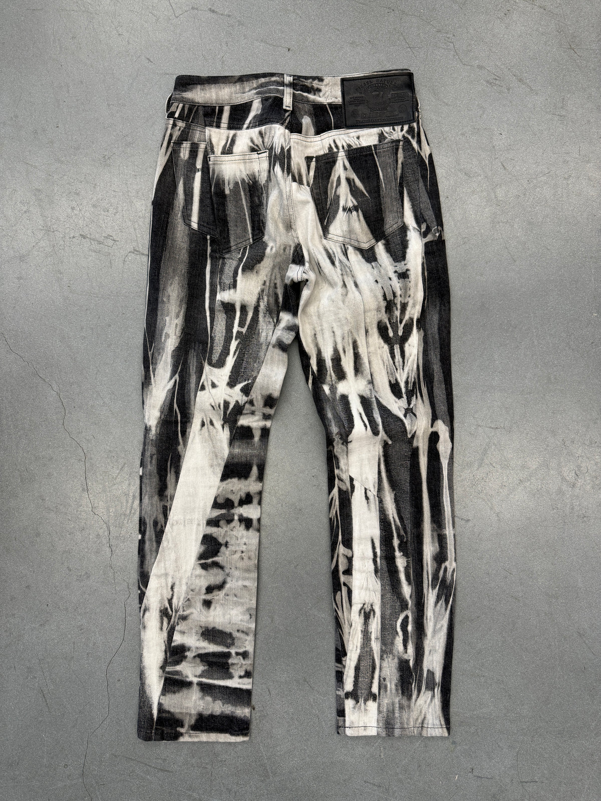 DIESEL INDUSTRY DENIM DIVISION ARCHIVAL COWHIDE LEATHER ABSTRACT PRINT PANTS