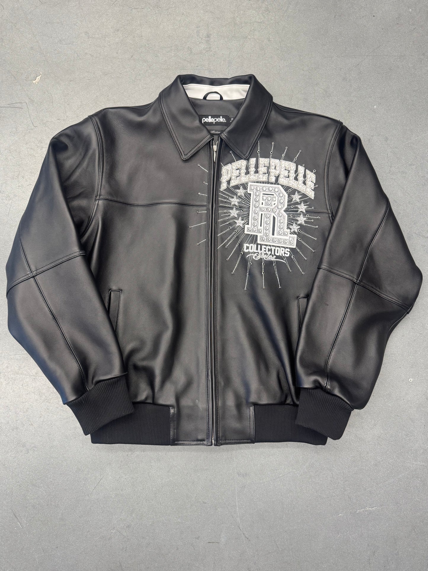 PELLEPELLE ROLLING LOUD RHINESTONE LEATHER VARSITY JACKET