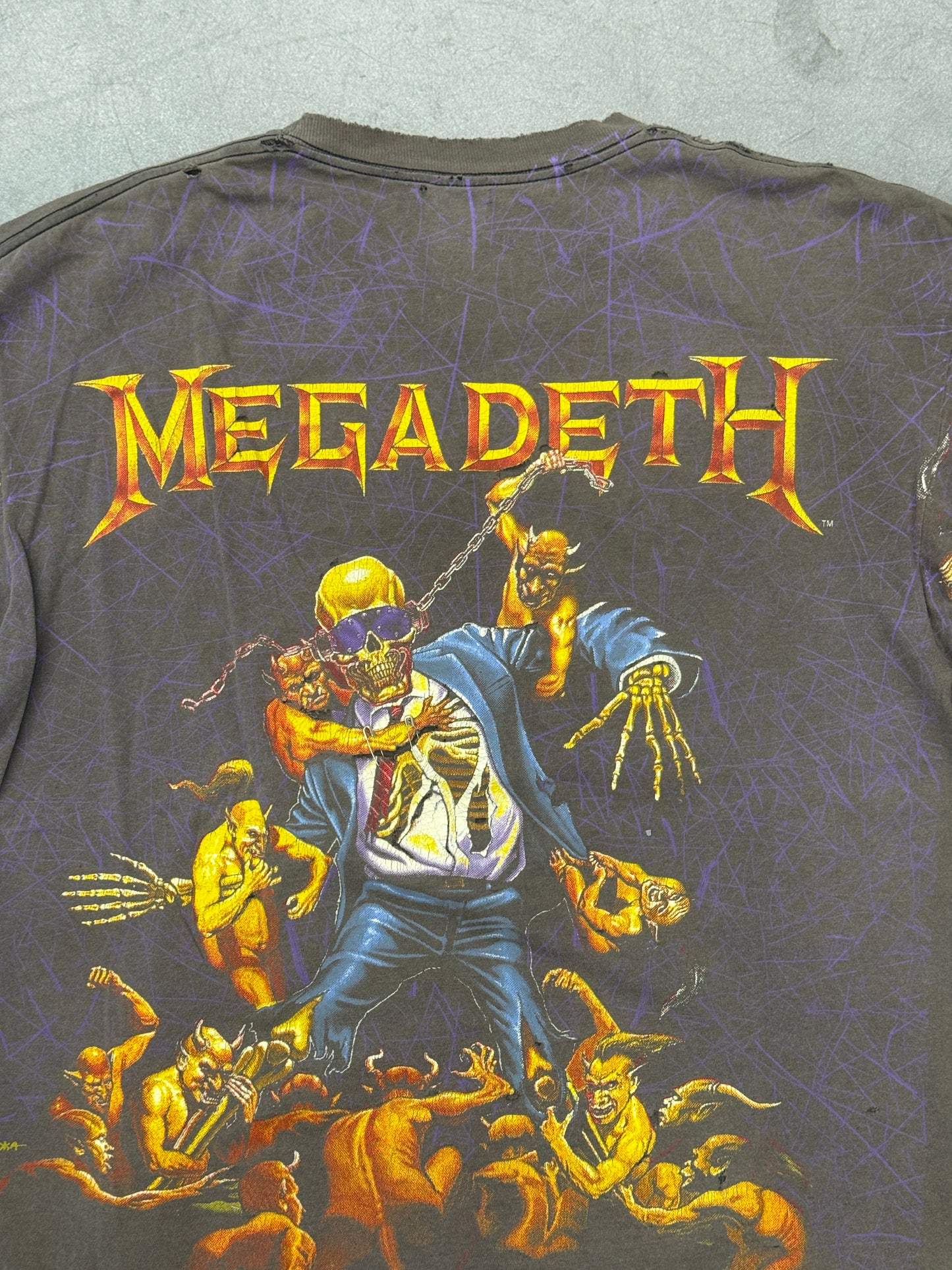 1991 MEGADETH SUIT SKELETON THRASHED AOP PINNED TEE (BROCKUM TAG)