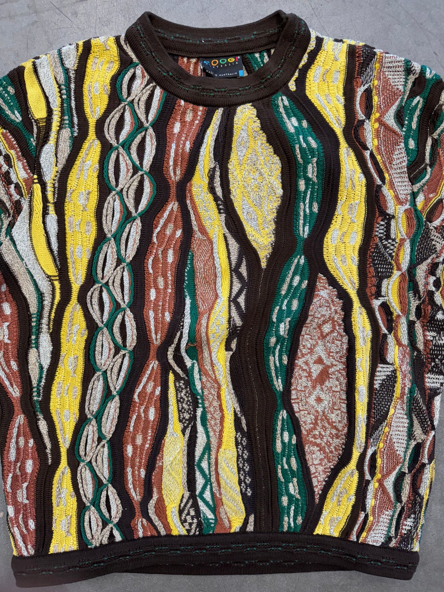 COOGI AUSTRALIA KNITTED SWEATER (BLACK TAG) BROWN/GREEN/YELLOW