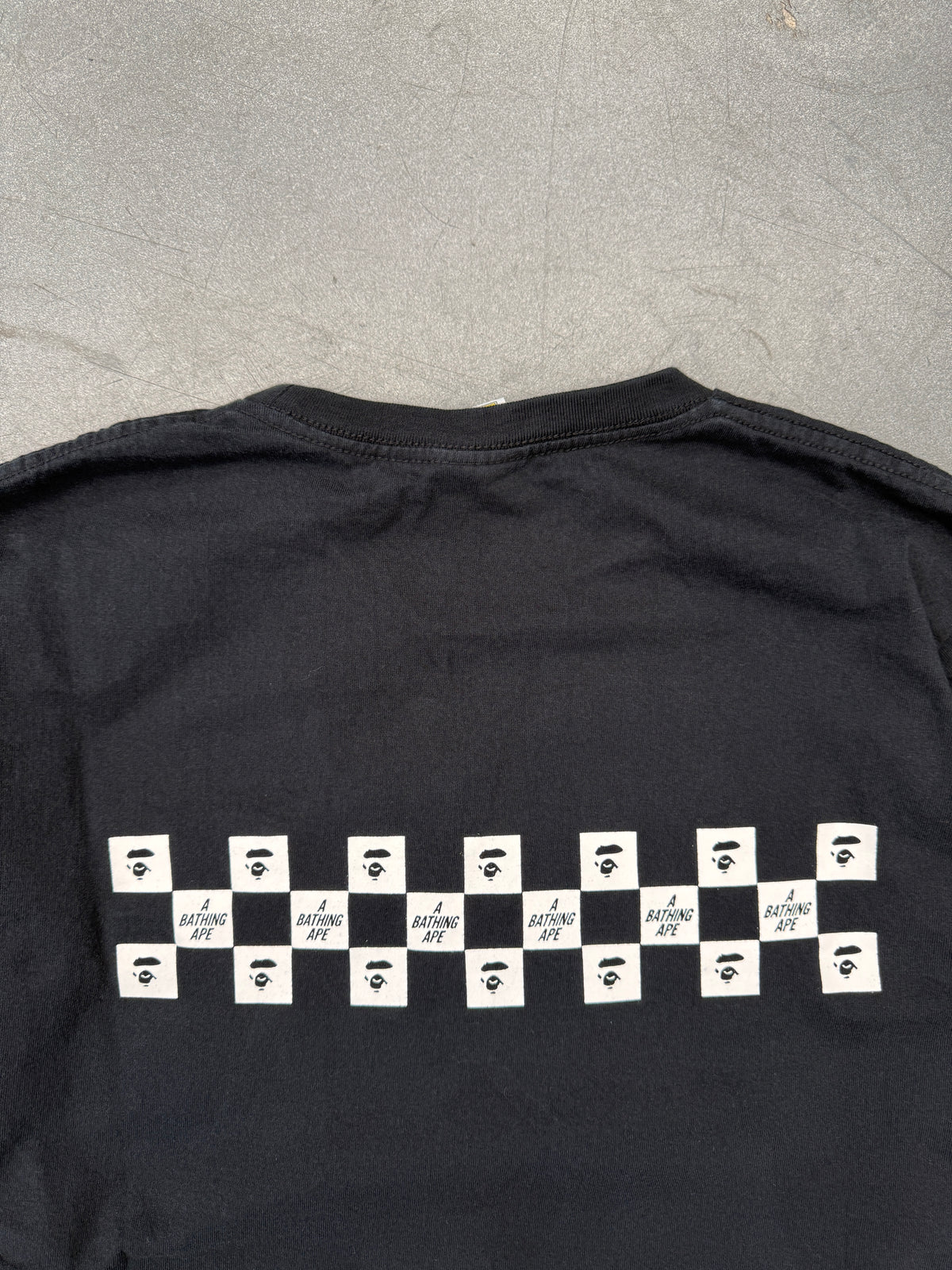 A BATHING APE BAPE ""WORLD GONE MAD"" CHECKERBOARD LONG SLEEVE TEE - BLACK
