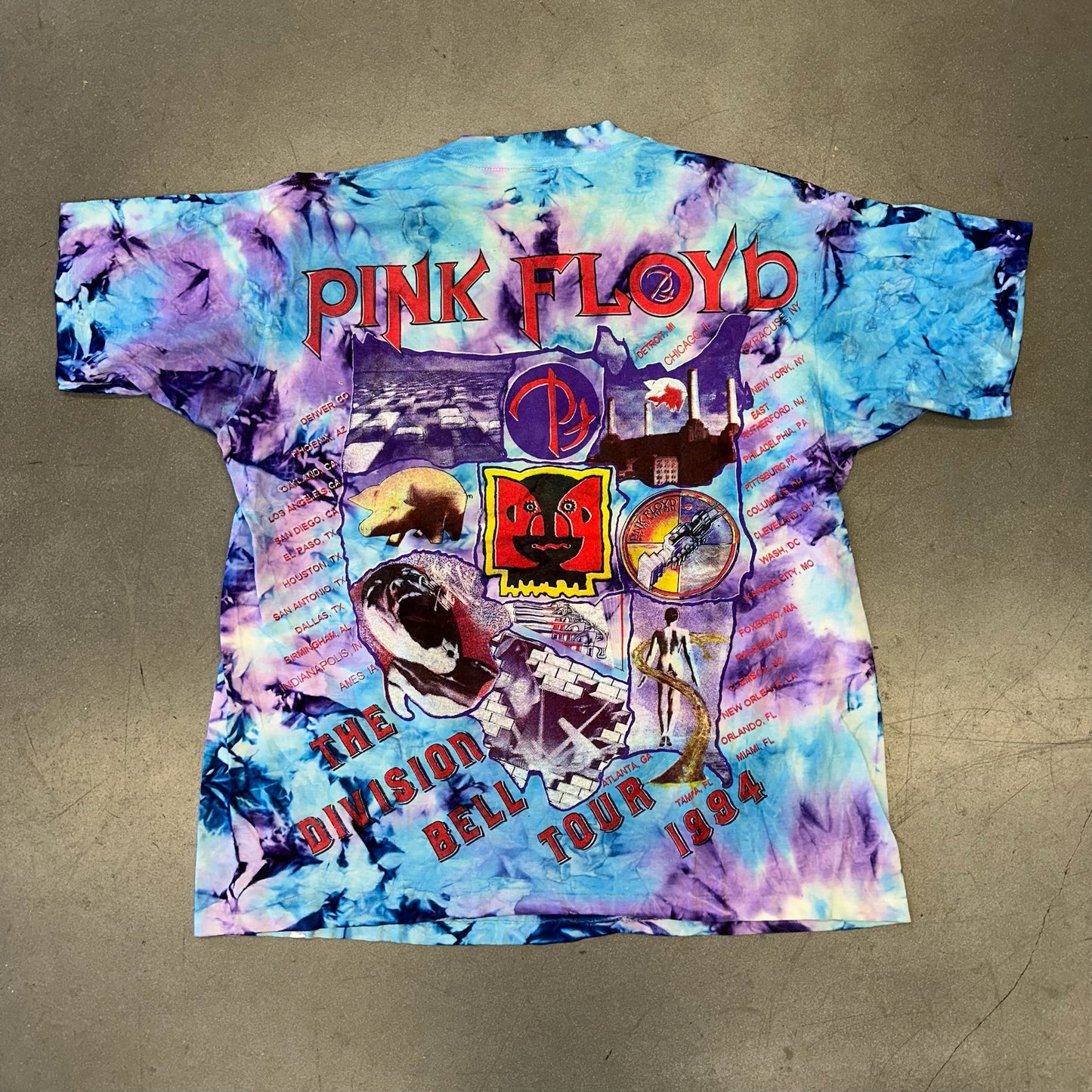 1994 PINK FLOYD THE DIVISION BELL TOUR TIE-DYE BOOTLEG TEE (SHORT HILLS TEE TAG)