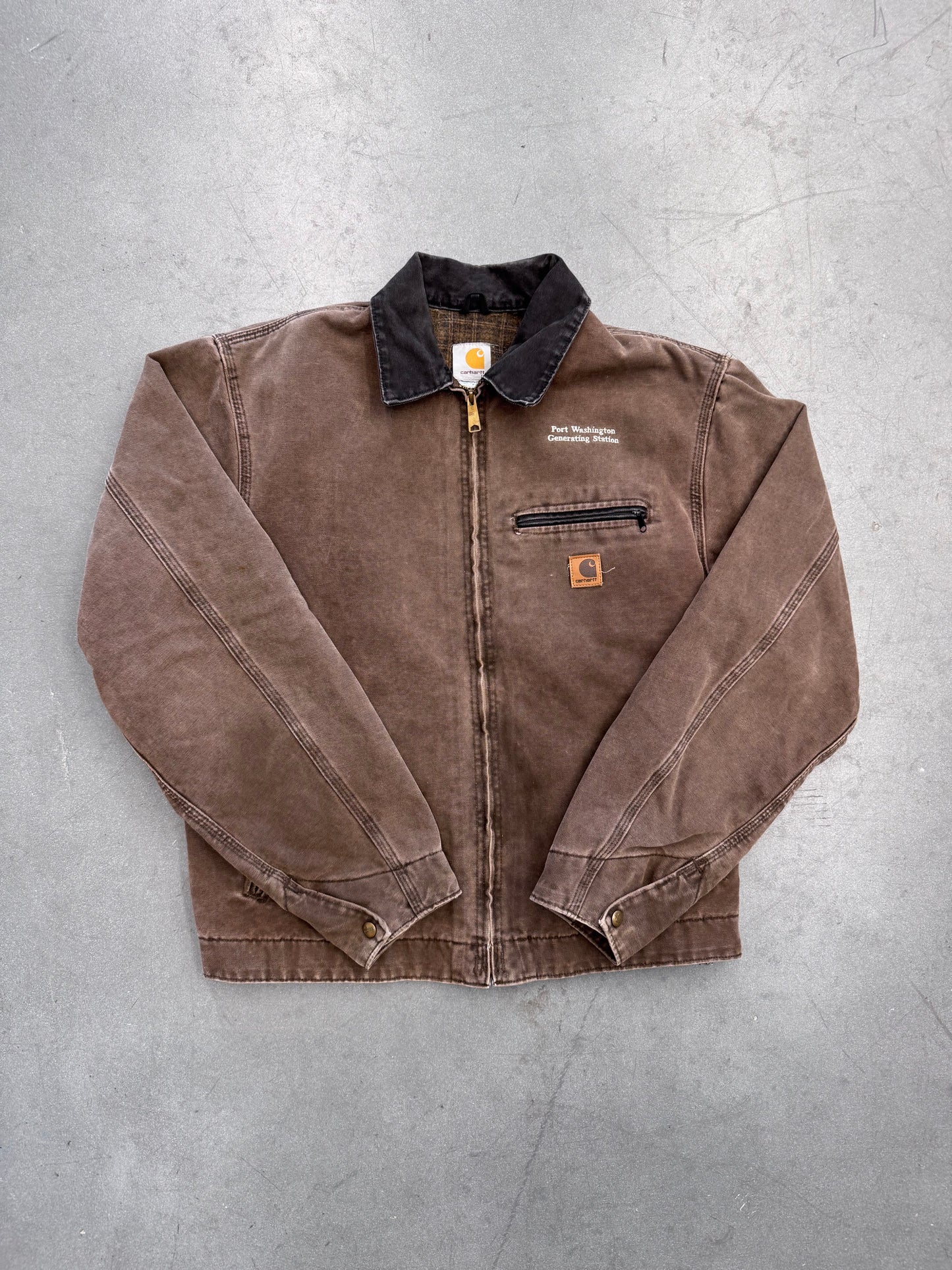 90'S CARHARTT FLANNEL-LINED EMBROIDERED BACK CANVAS WORK JACKET - BROWN (J97CHT) (L)