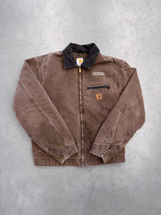 90'S CARHARTT FLANNEL-LINED EMBROIDERED BACK CANVAS WORK JACKET - BROWN (J97CHT) (L)