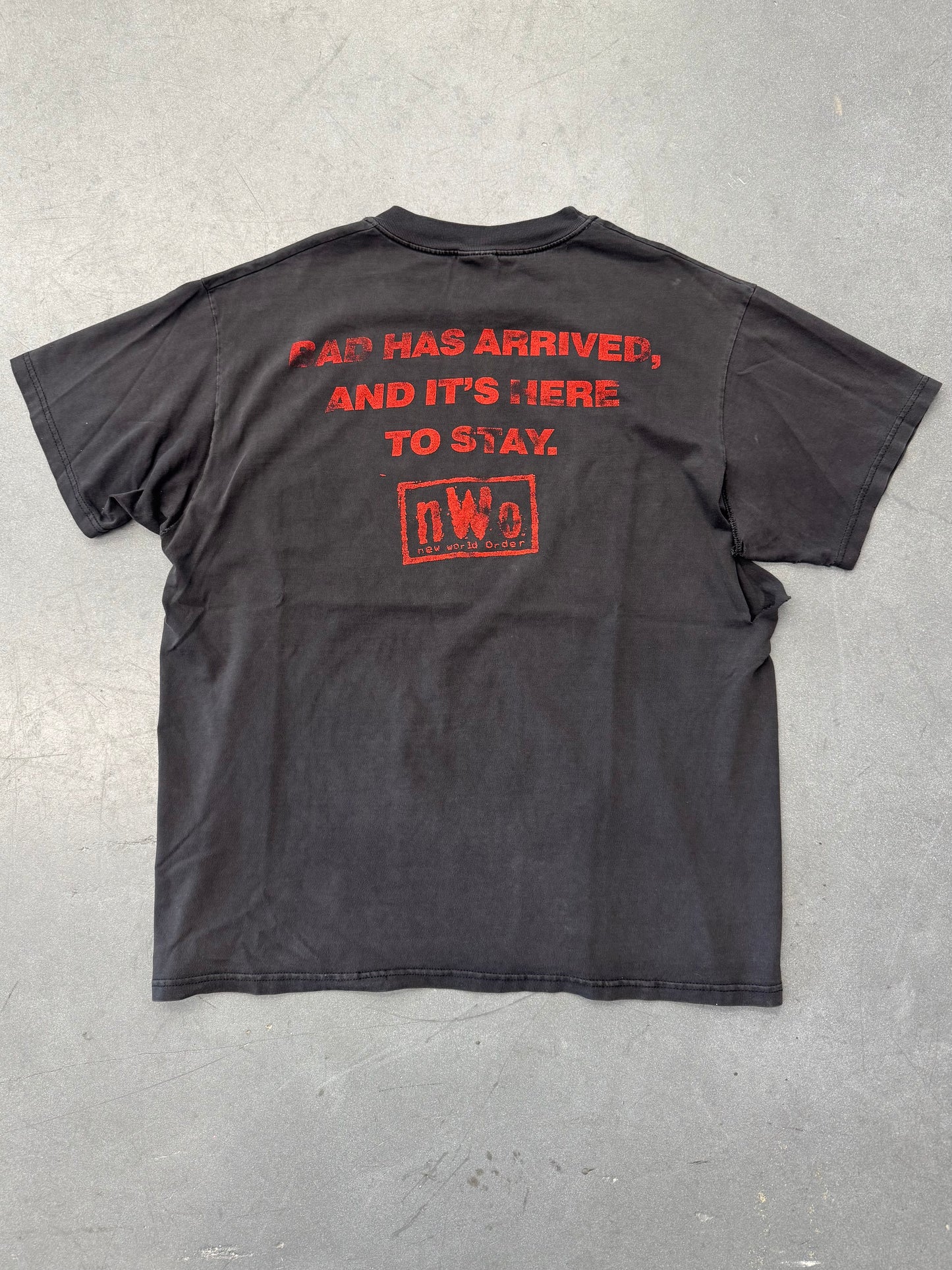 1998 N.W.O NEW WORLD ORDER "BAD HAS ARRIVED, AND IT'S HERE TO STAY." TEE (HANES BEEFY-T TAG)