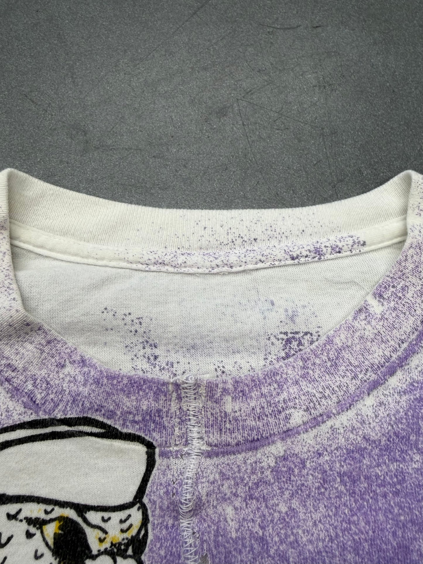 90'S UNIVERSITY OF MIAMI CANES PURPLE CITY SKYLINE GAME DAY AOP TEE (PULLED TAG) (REPAIRED NECK)