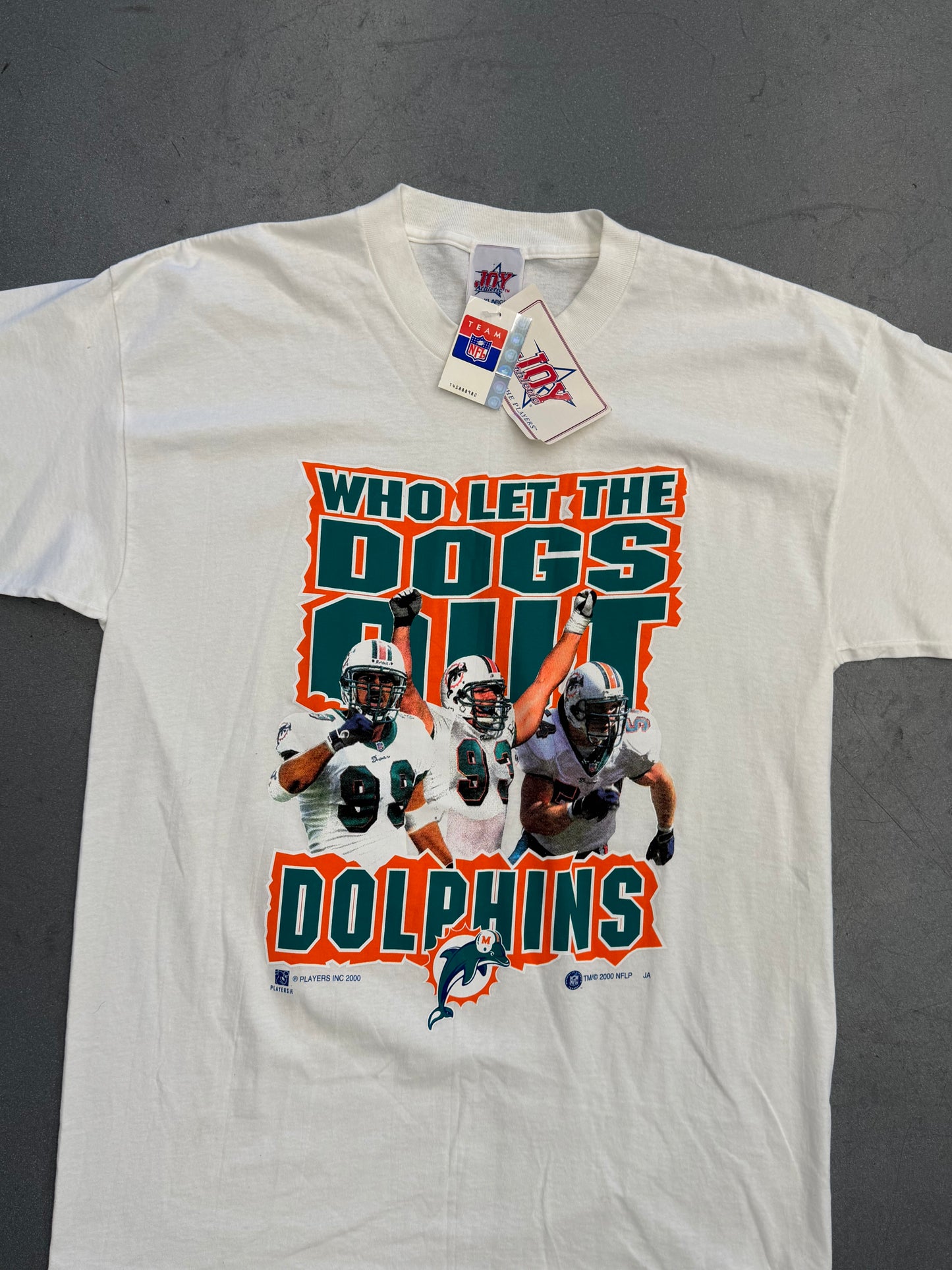 2000 MIAMI DOLPHINS WHO LET THE DOGS OUT NFLP TEE (JOY ATHLETIC TAG) (NWT)