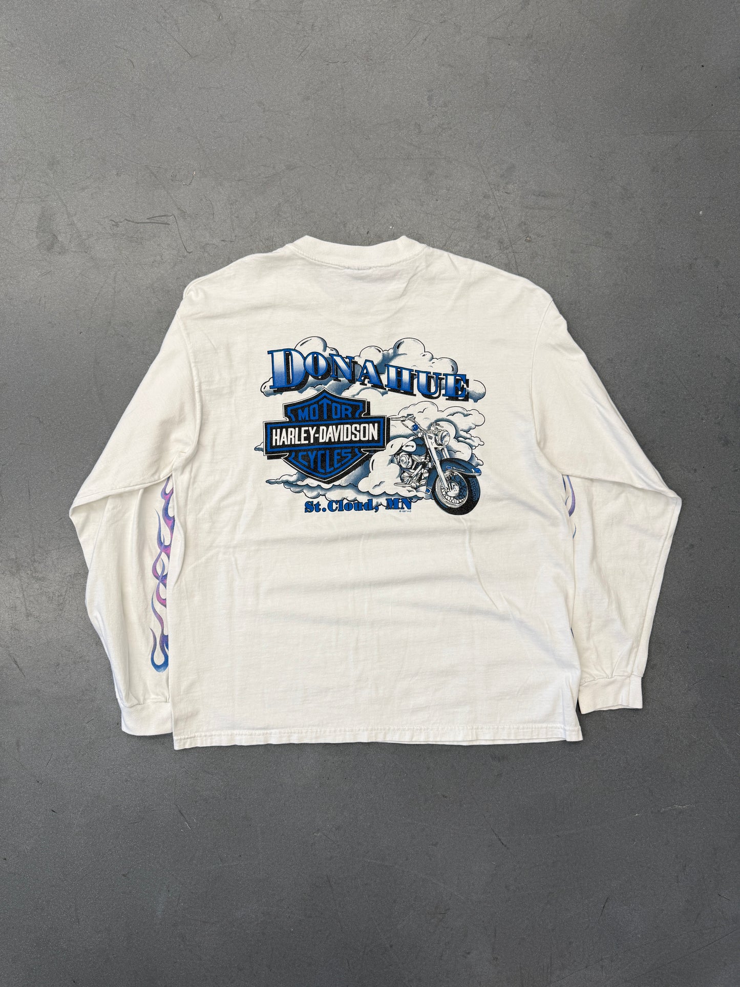 1998 HARLEY-DAVIDSON FEEL THE HEAT DONAHUE ST. CLOUD, MN PURPLE FLAME SLEEVE LS MULLET TEE