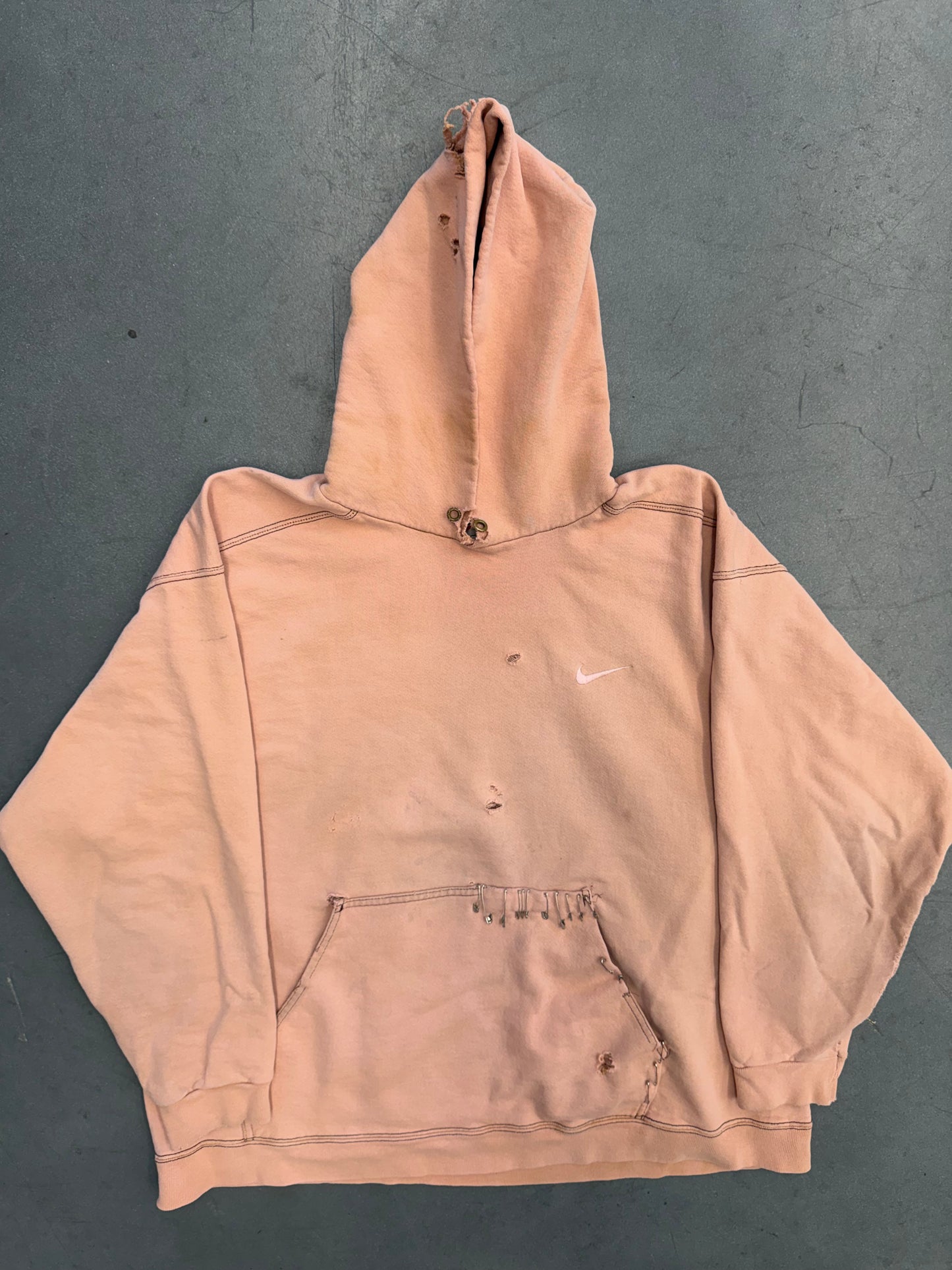 90S NIKE SIDE SWOOSH PULLOVER HOODIE DISTRESSED AND SAFETY-PINNED (NIKE RED SWOOSH TAG)