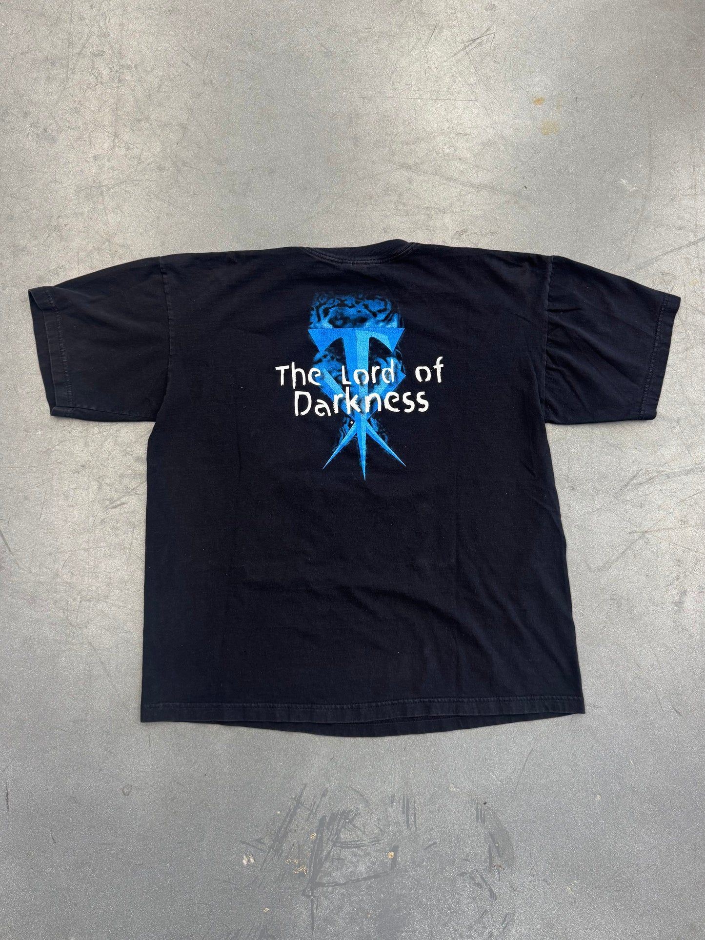 1998 THE UNDERTAKER WWF R.I.P TOMBSTONE BLUE PRINT TEE (JAM TAG)