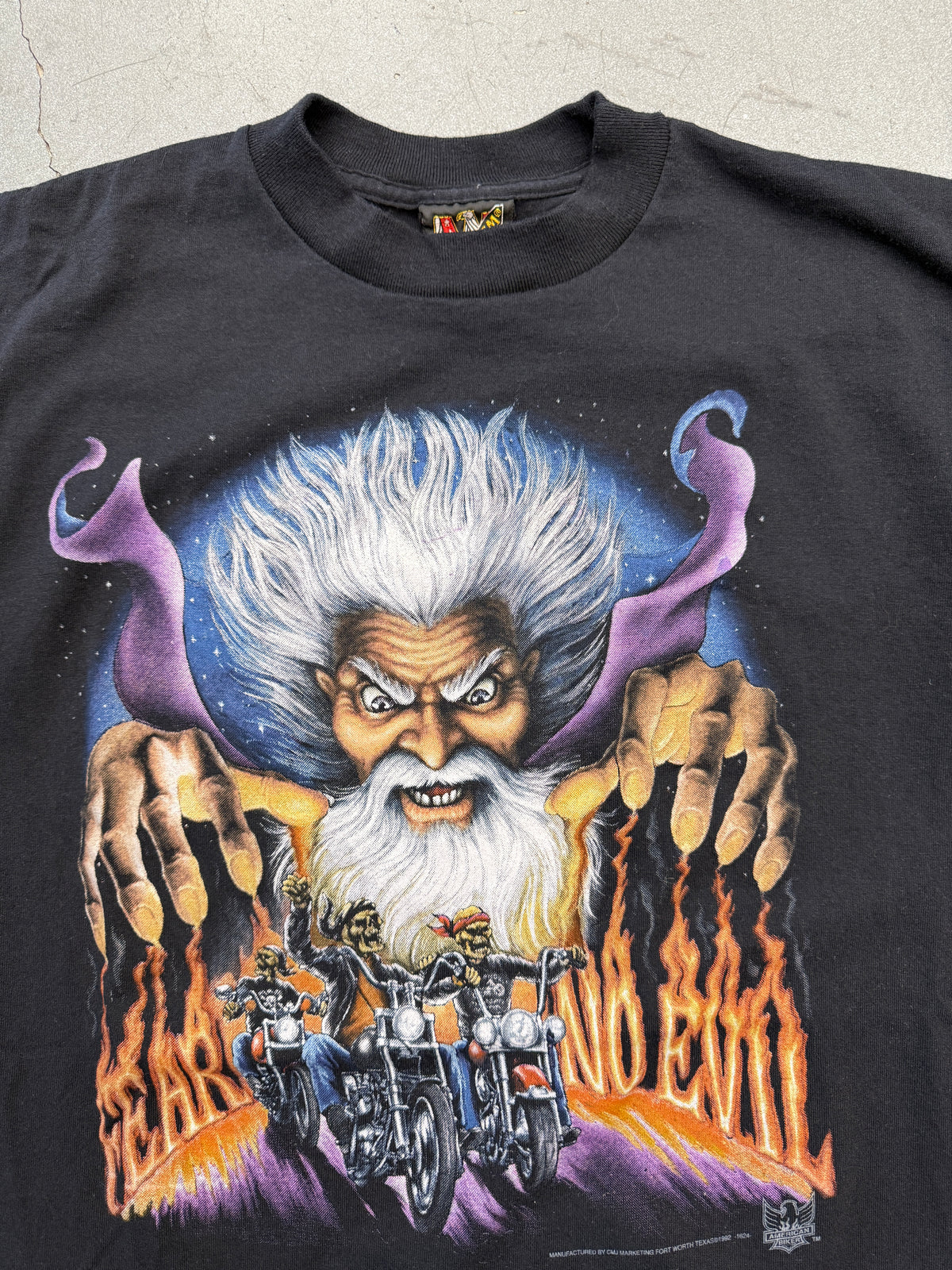 1992 AMERICAN BIKER FEAR NO EVIL WIZARD BIKER TEE (3D EMBLEM TAG)