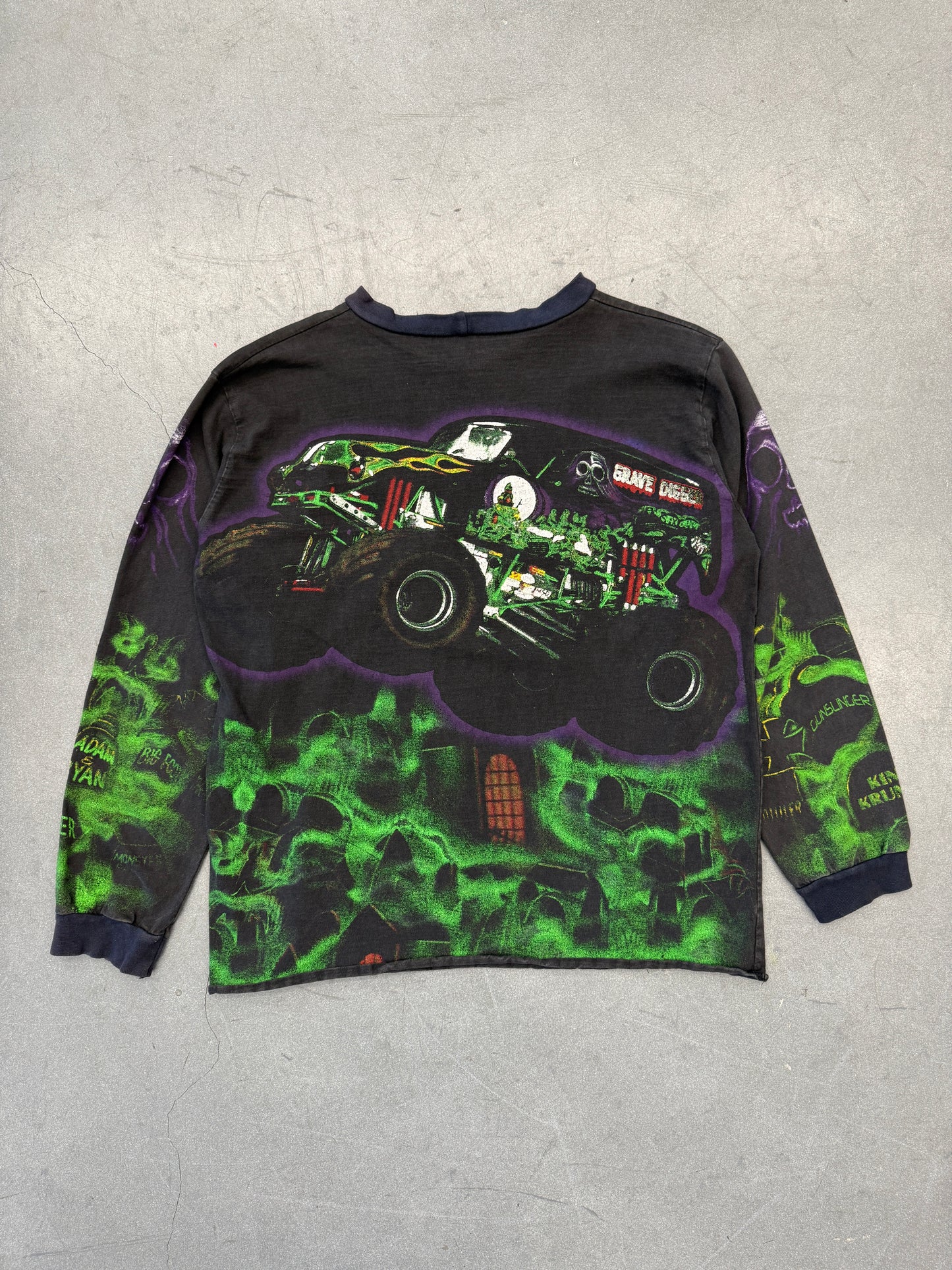 90S GRAVE DIGGER MONSTER TRUCK RACING AOP GRAVEYARD LS TEE (MADE IN USA TAG)