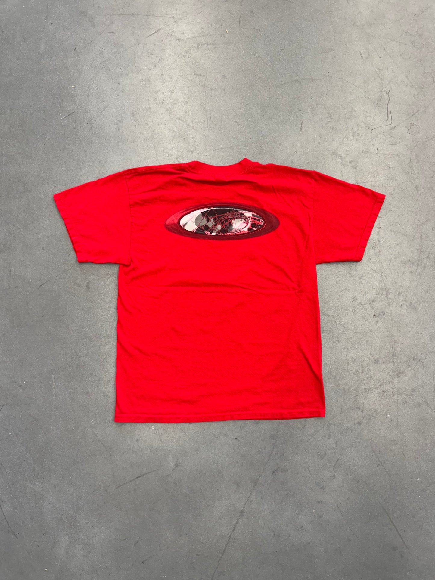 VINTAGE OAKLEY CRACKLED SPELL-OUT LOGO TEE - RED (BLACK TAG)