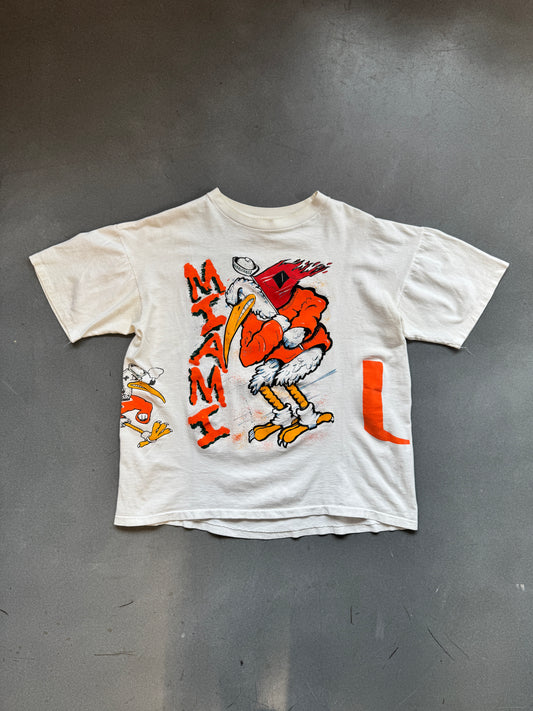 90'S UNIVERSITY OF MIAMI HURRICANES SEBASTIAN IBIS WRAP AROUND FOOTBALL #1 CANES TEE (FADED TAG)