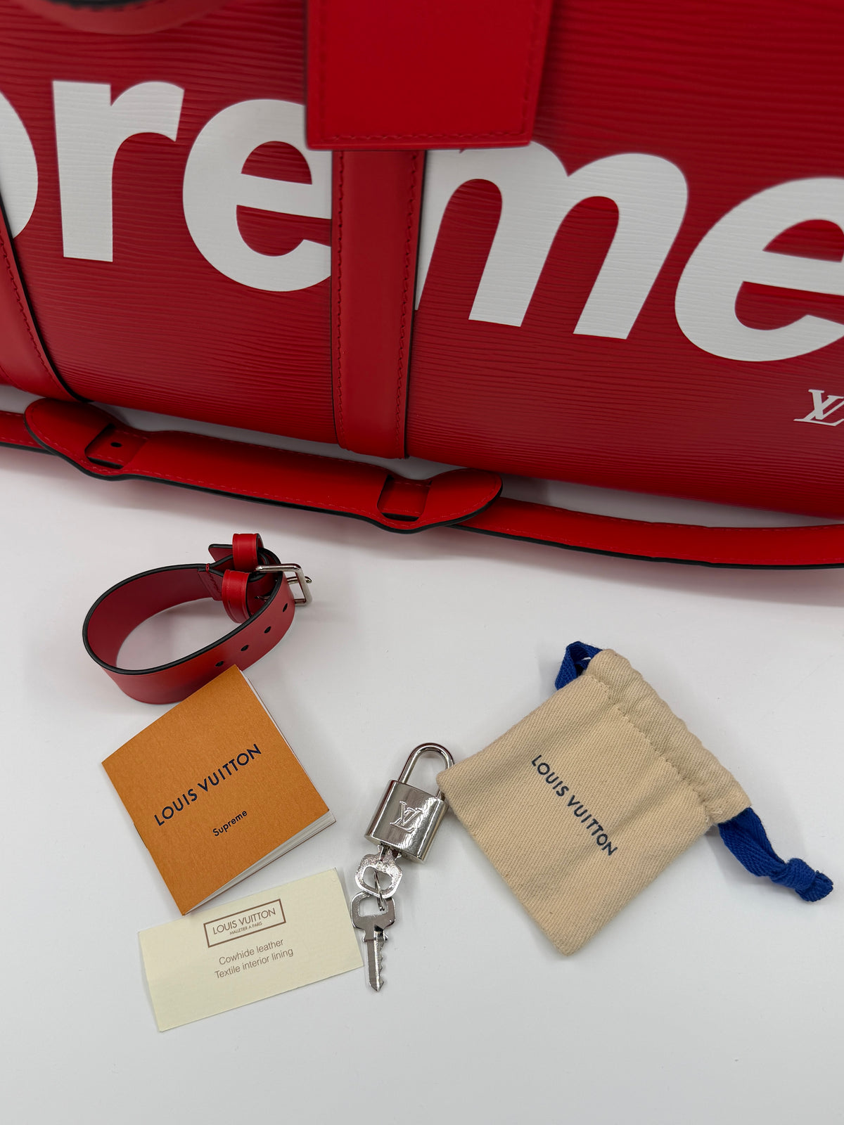 FW17 LOUIS VUITTON X SUPREME KEEPALL BANDOULIERE 45 RED EPI LEATHER DUFFLE BAG