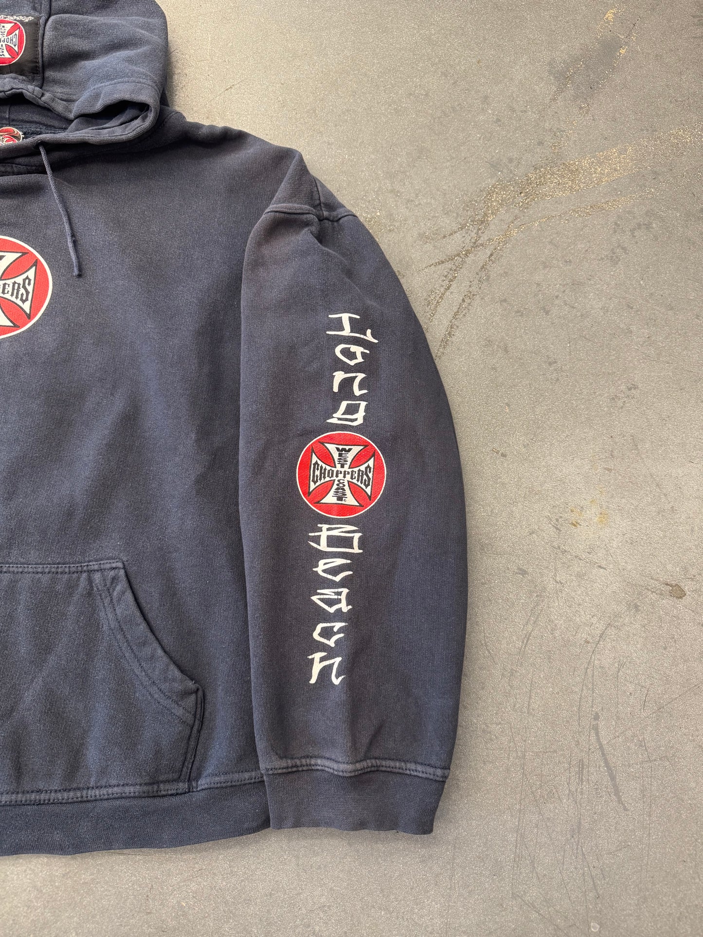 90S WEST COAST CHOPPERS LONG BEACH IRON CROSS CIRCLE LOGO PULLOVER HOODIE (IRON CROSS CIRCLE TAG)