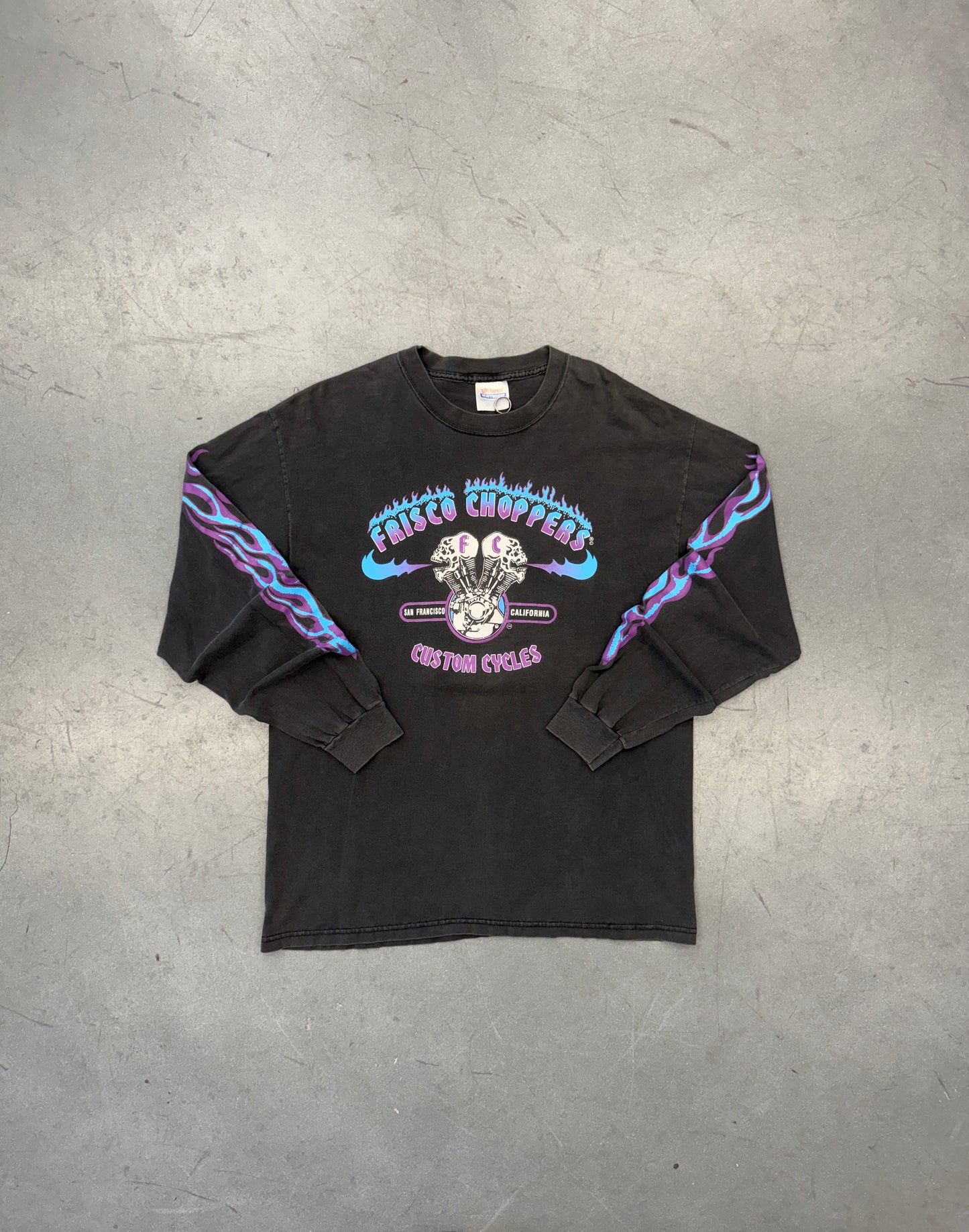 00'S FRISCO CHOPPERS CUSTOM CYCLES PURPLE/BLUE FLAME LS SAN FRANCISCO CALIFORNIA TEE (HANES HEAVYWEIGHT TAG)